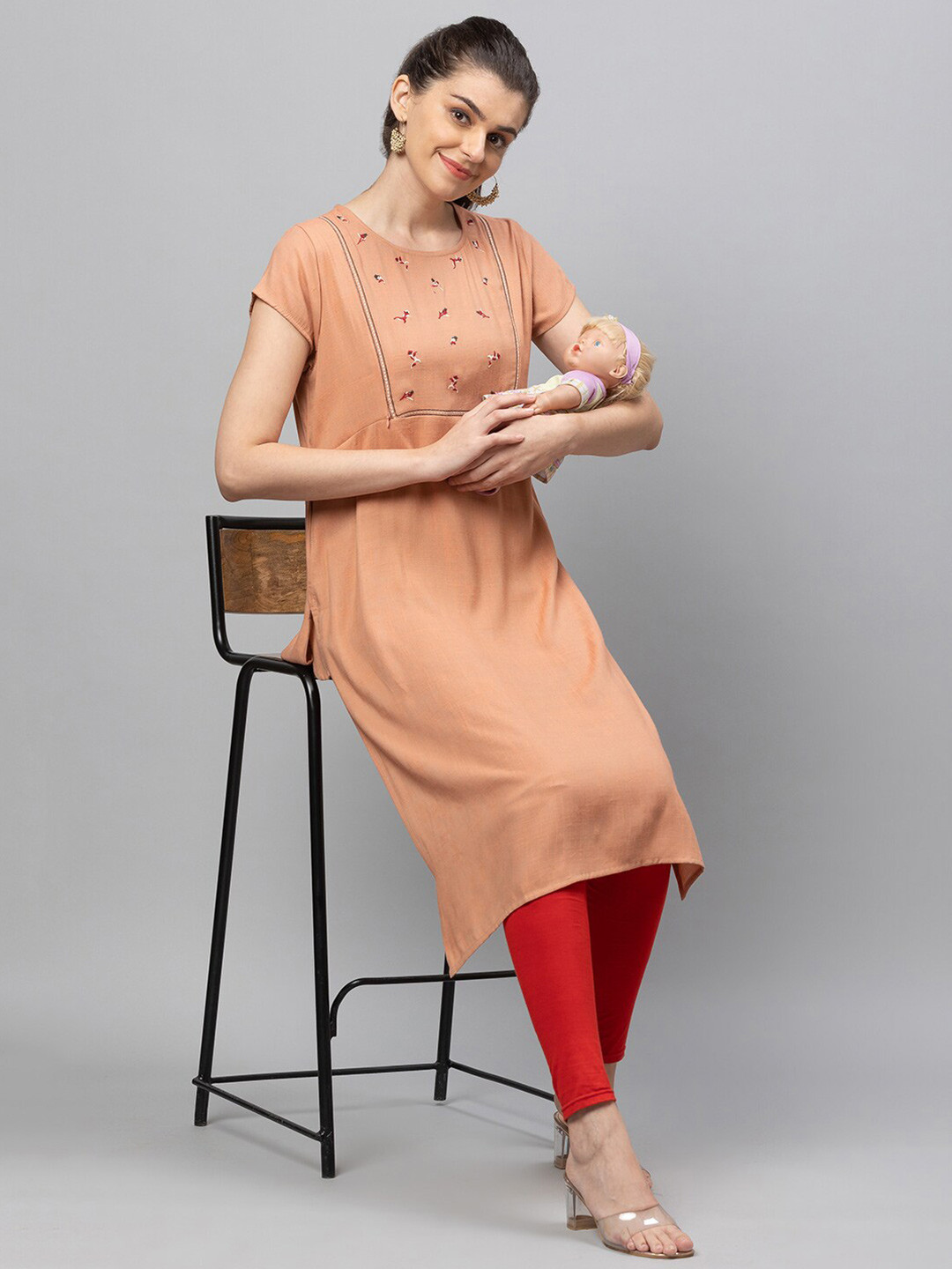 

AV2 Beige Thread Work Maternity Pure Cotton Kurta