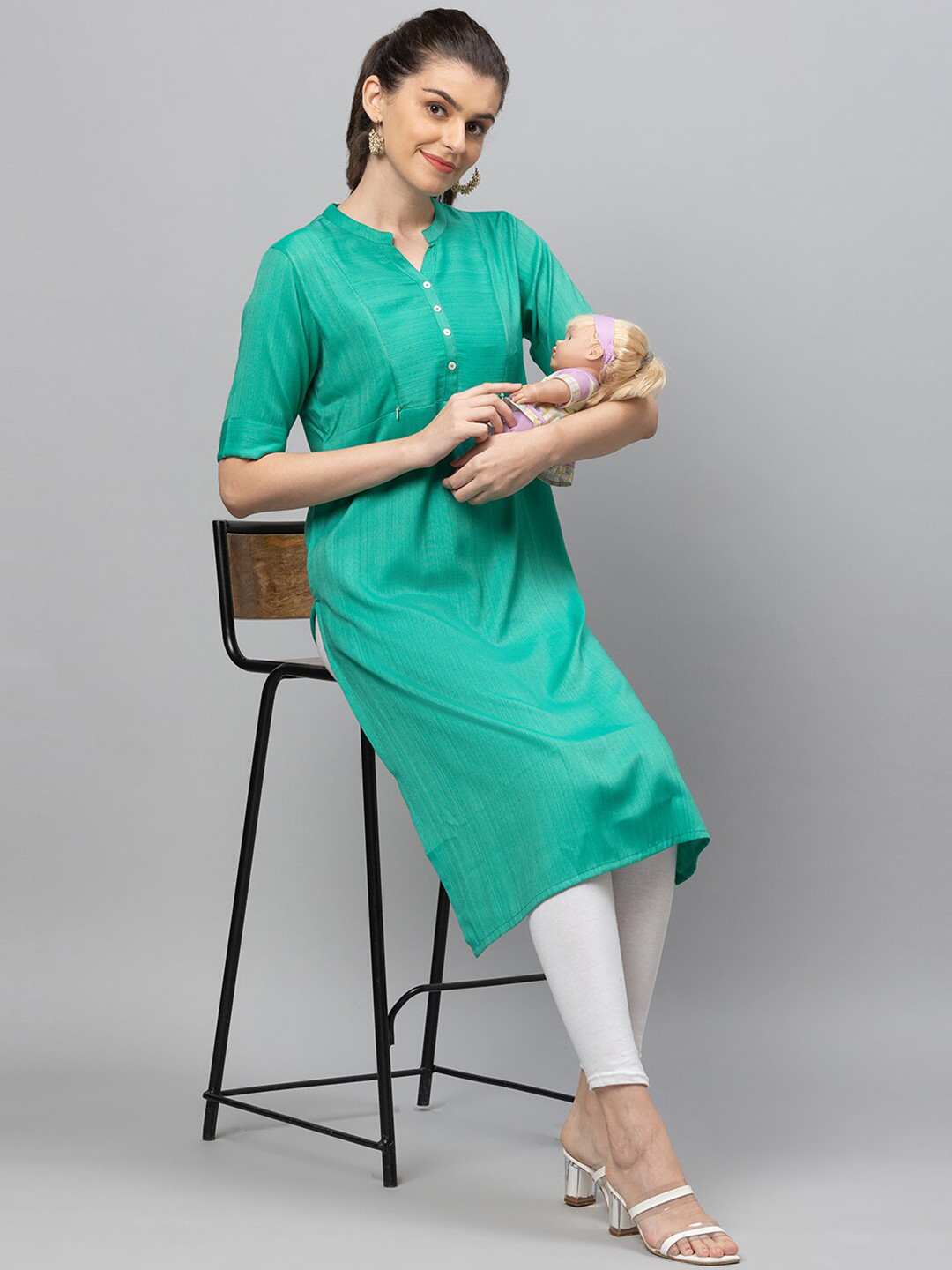 

AV2 Mandarin Collar Short Sleeves Maternity Kurta, Green