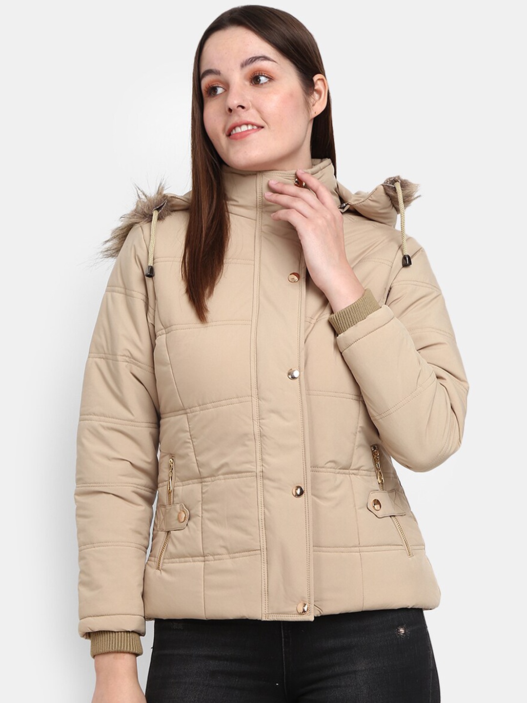 

V-Mart Women Beige Faux Fur Trim Hooded Lightweight Puffer Jacket