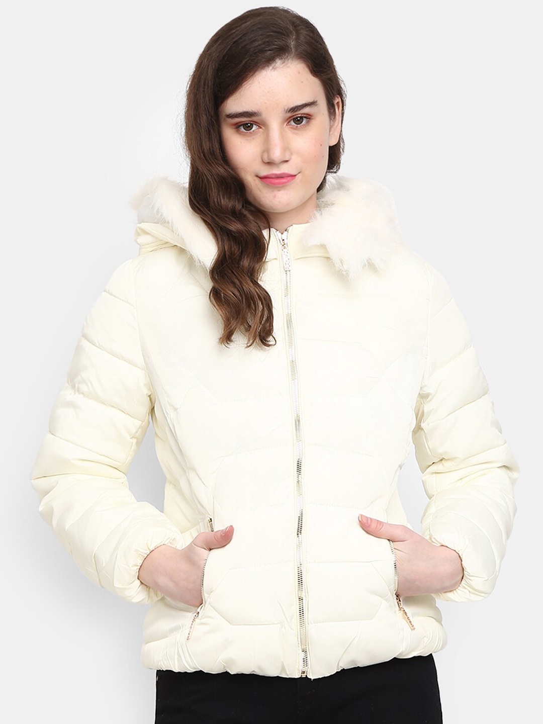 

V-Mart Women White Lightweight Hooded Outdoor Cotton Puffer Jacket