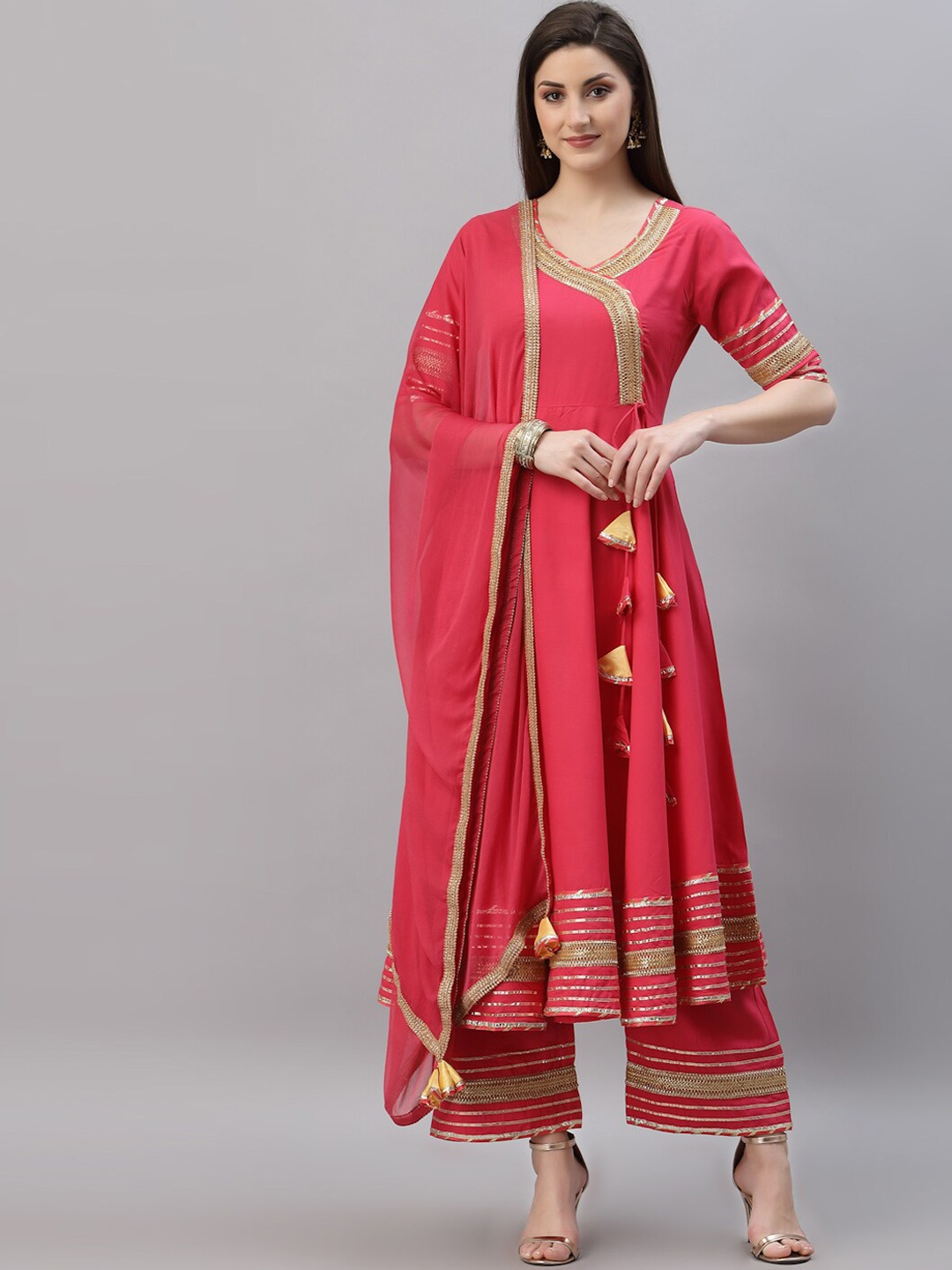 

Rudra Bazaar Women Pink Angrakha Gotta Patti Kurta with Palazzos & With Dupatta