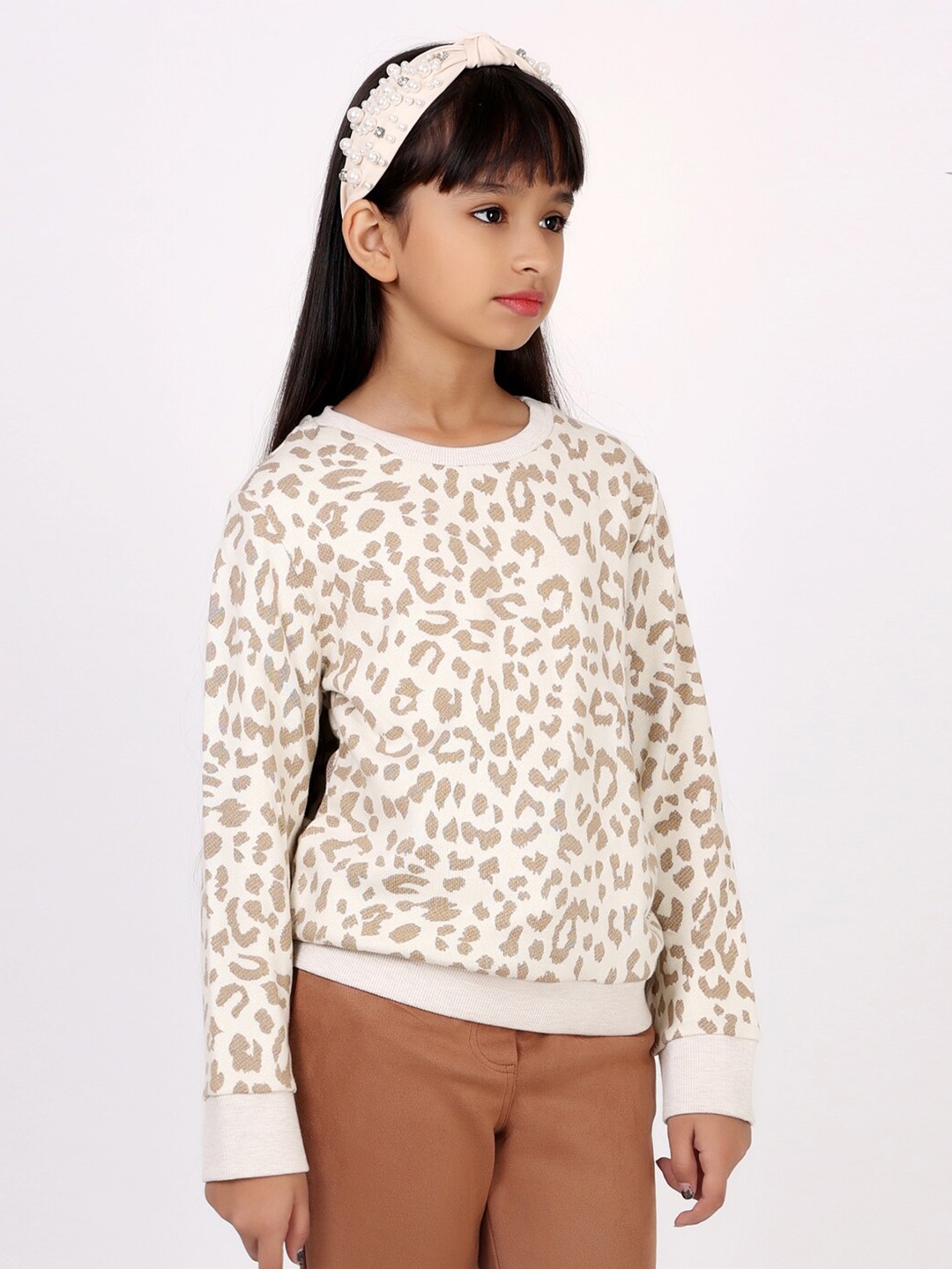 

One Friday Girls Beige Printed Sweatshirt