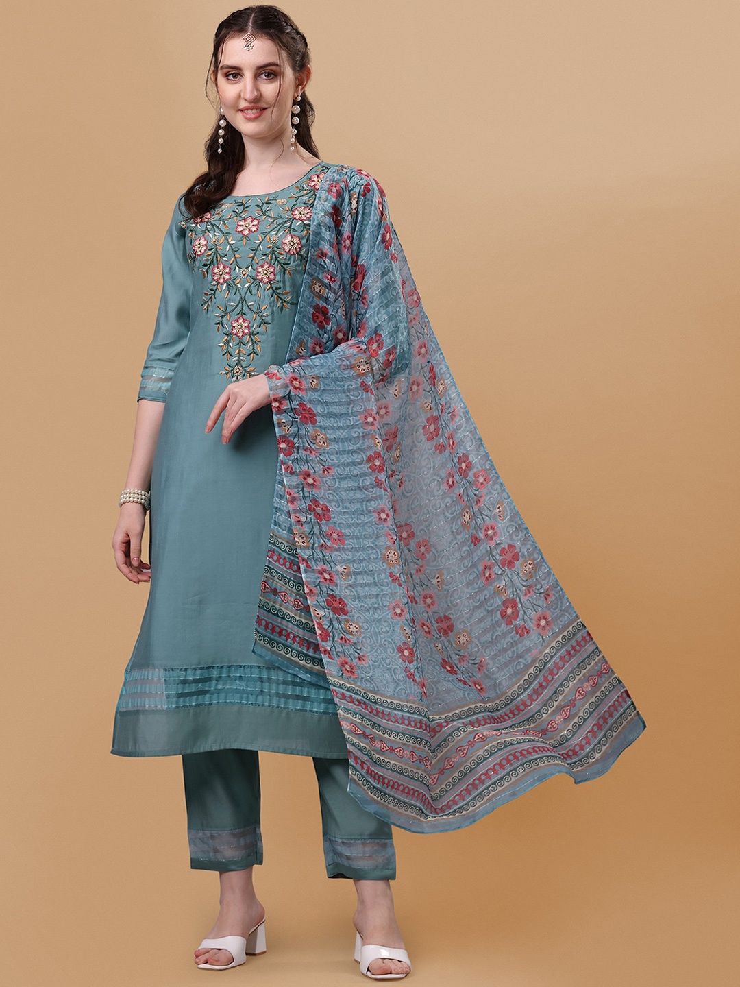 

Berrylicious Blue Floral Embroidered Thread Work Chanderi Cotton Kurta with Trousers & Dupatta