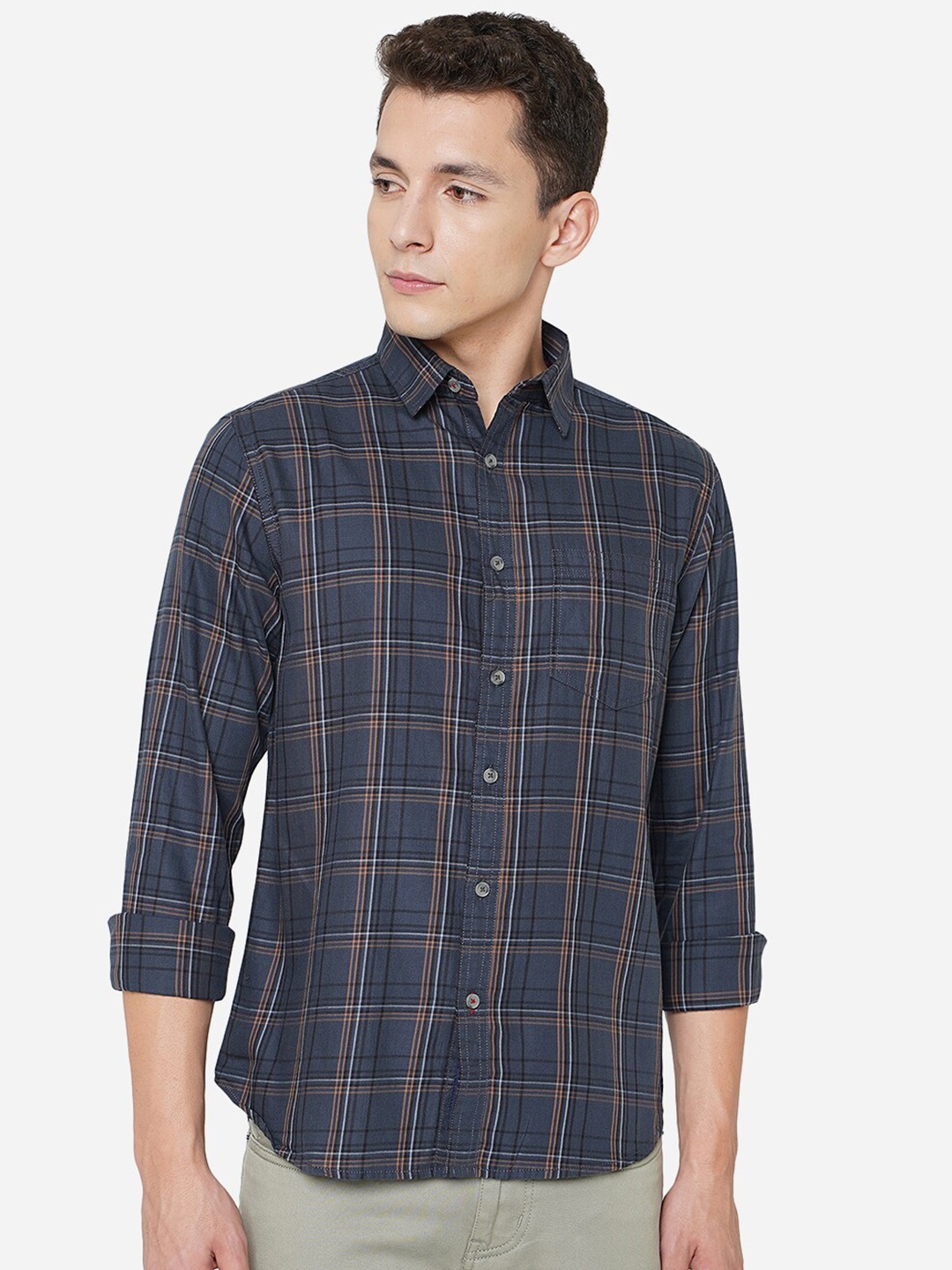 

Greenfibre Men Classic Slim Fit Tartan Checked Pure Cotton Casual Shirt, Navy blue