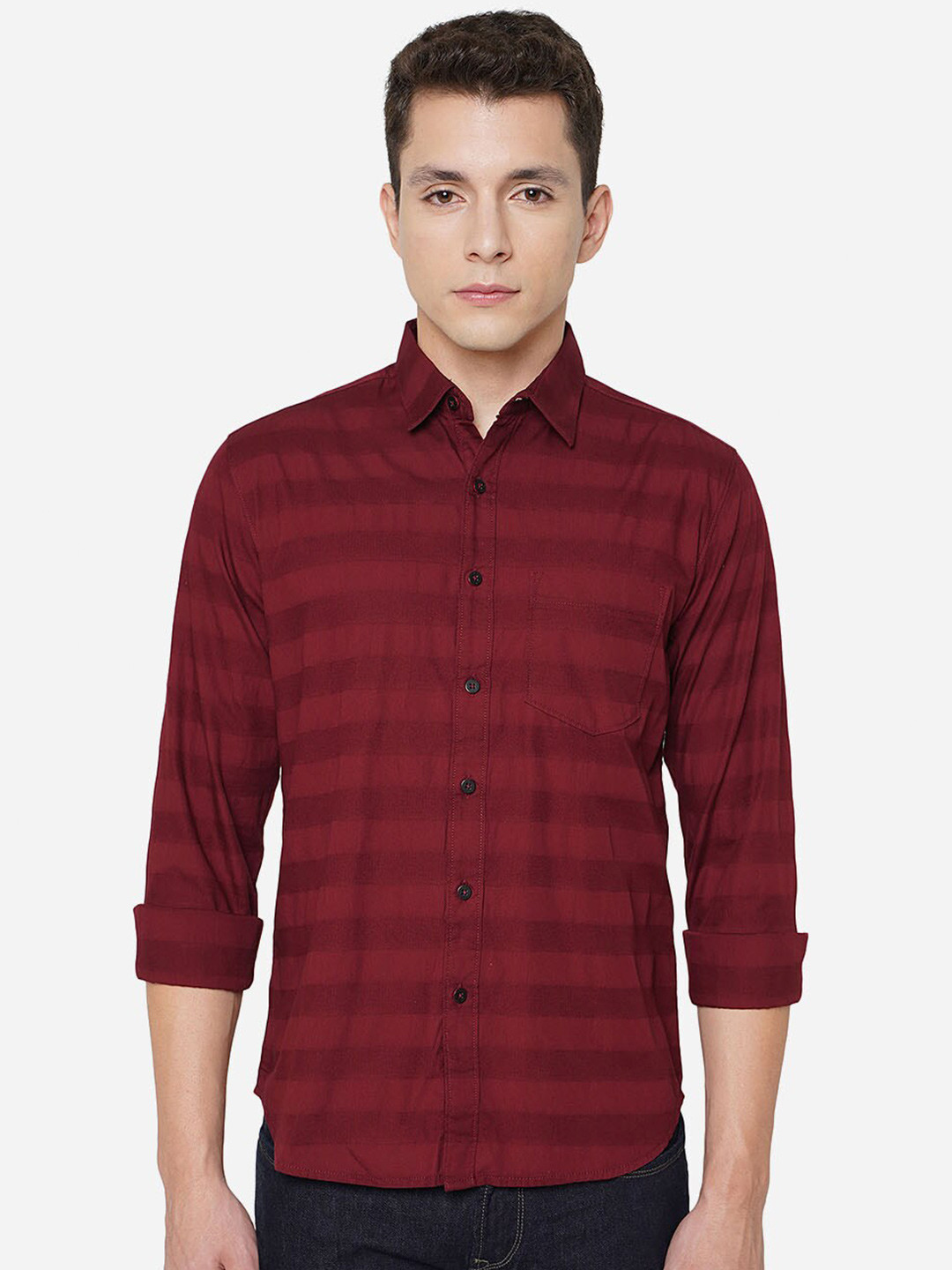 

Greenfibre Men Classic Slim Fit Horizontal Stripes Striped Pure Cotton Casual Shirt, Maroon