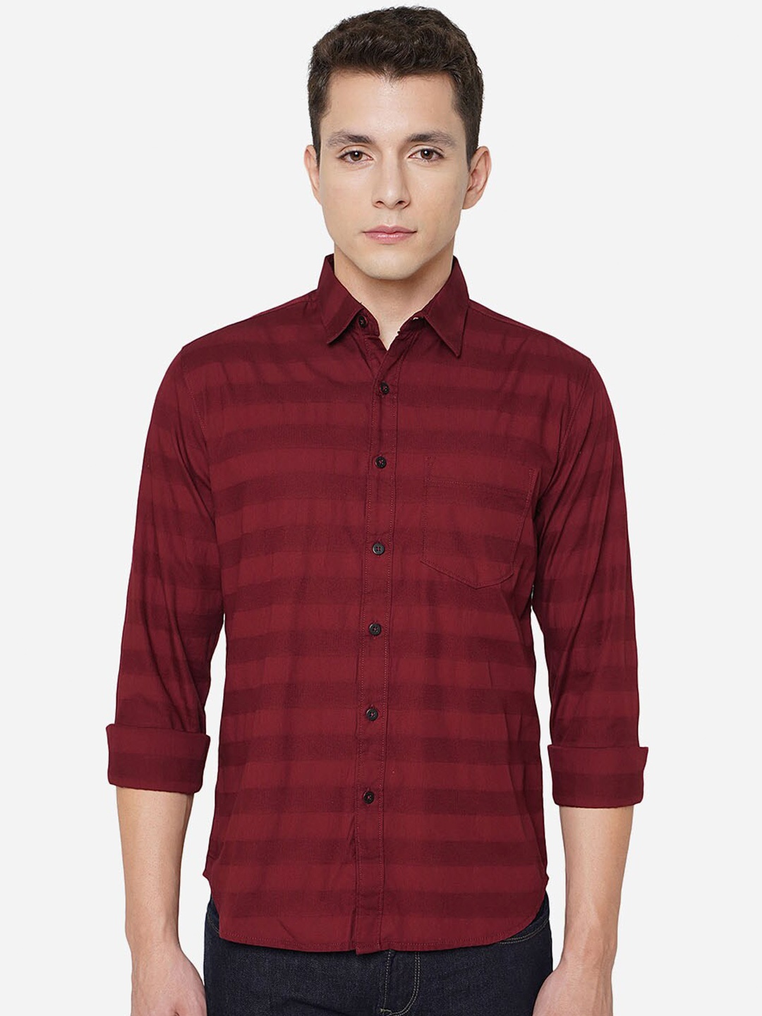 

Greenfibre Classic Slim Fit Horizontal Stripes Striped Pure Cotton Casual Shirt, Maroon