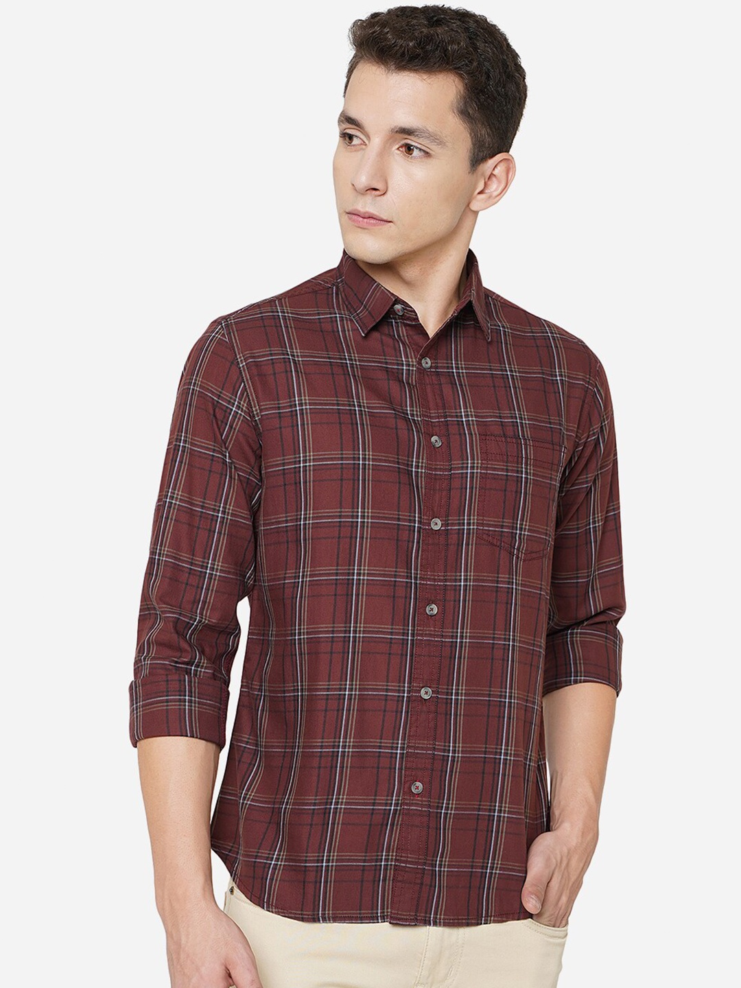 

Greenfibre Men Classic Slim Fit Tartan Checks Checked Pure Cotton Casual Shirt, Maroon