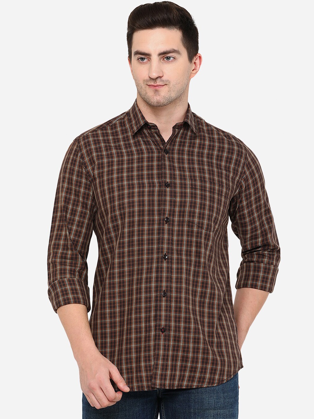 

Greenfibre Men Classic Slim Fit Checked Pure Cotton Casual Shirt, Brown