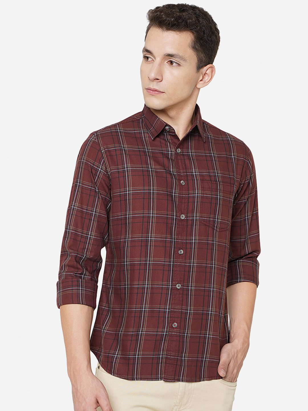 

Greenfibre Men Classic Slim Fit Tartan Checks Checked Pure Cotton Casual Shirt, Maroon