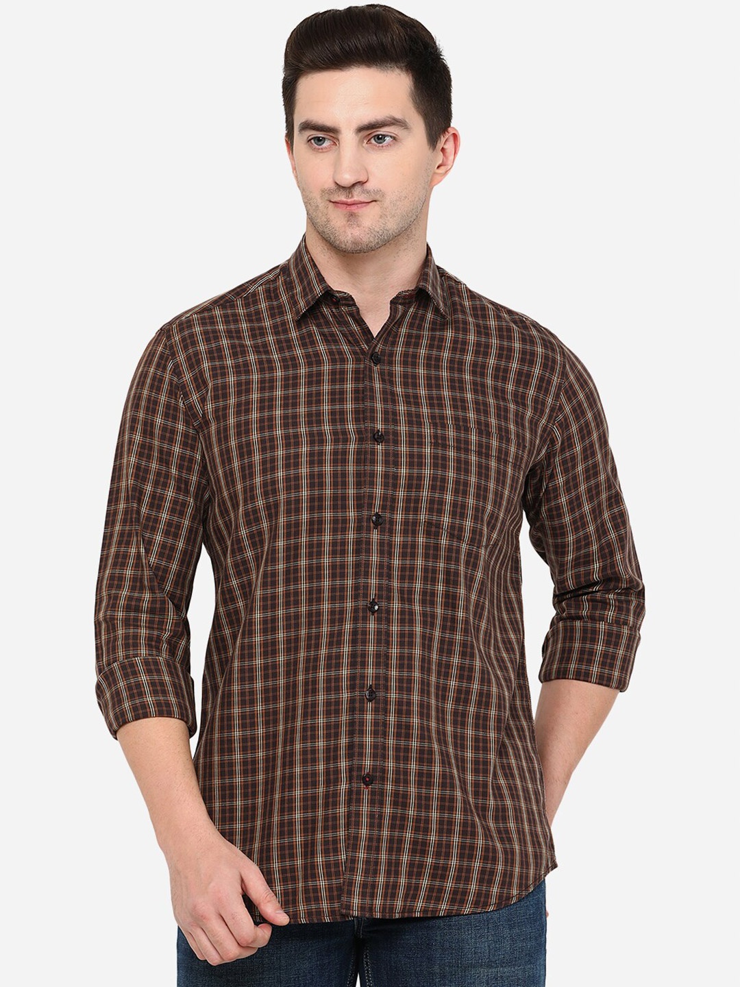 

Greenfibre Men Classic Slim Fit Checked Pure Cotton Casual Shirt, Brown