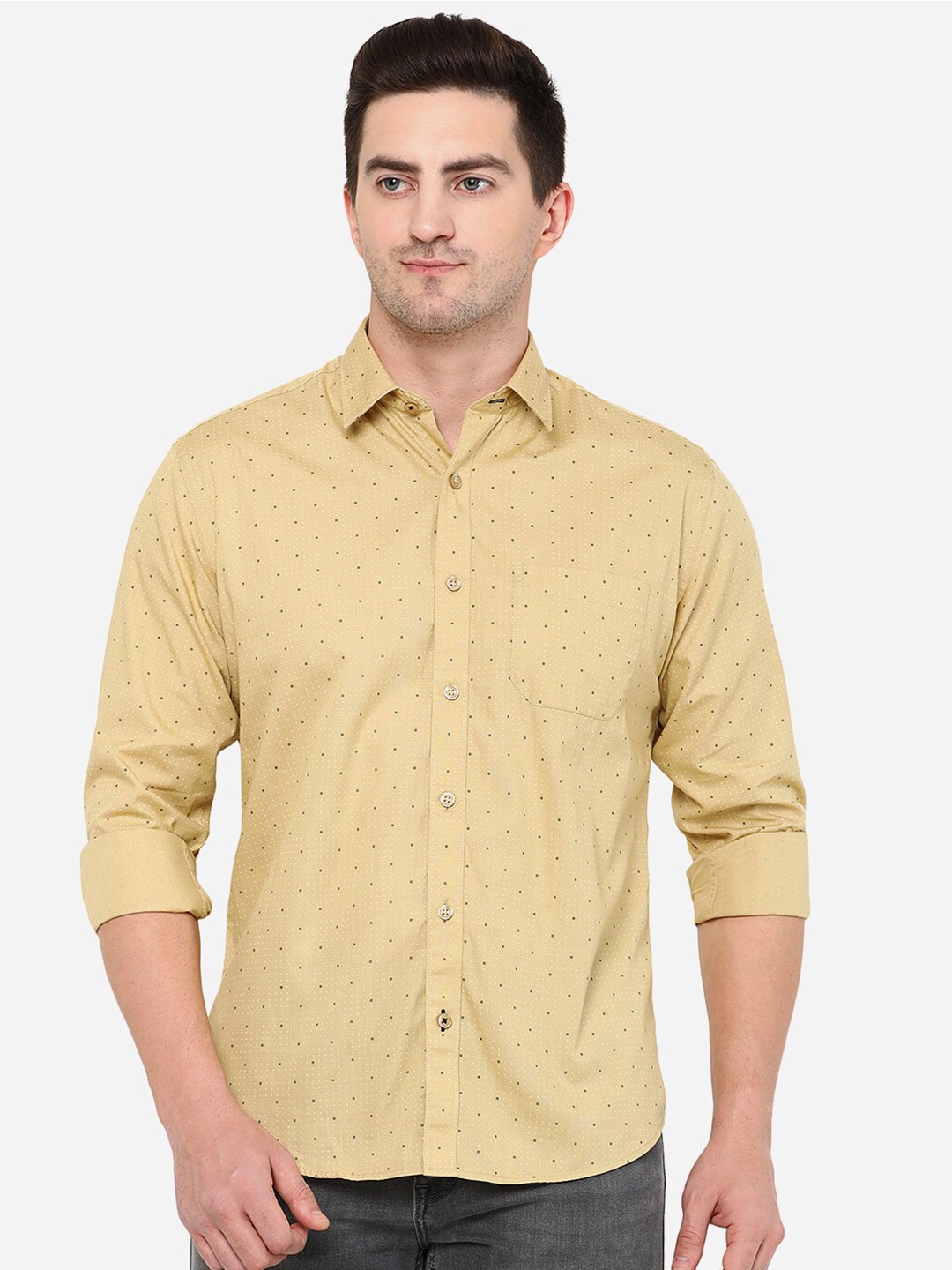 

Greenfibre Men Classic Micro Ditsy Printed Pure Cotton Casual Shirt, Yellow