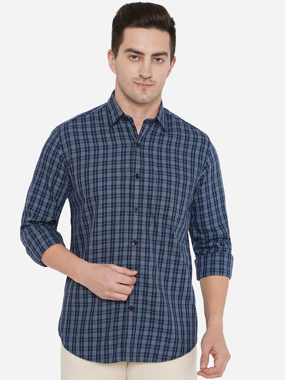 

Greenfibre Men Classic Slim Fit Checked Pure Cotton Casual Shirt, Navy blue