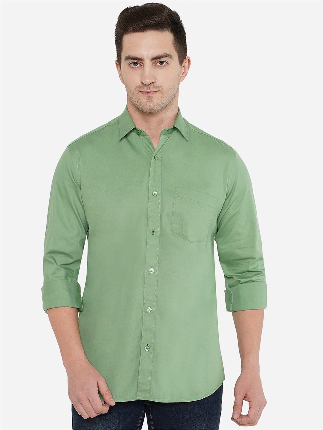 

Greenfibre Men Solid Pure Cotton Casual Shirt, Green