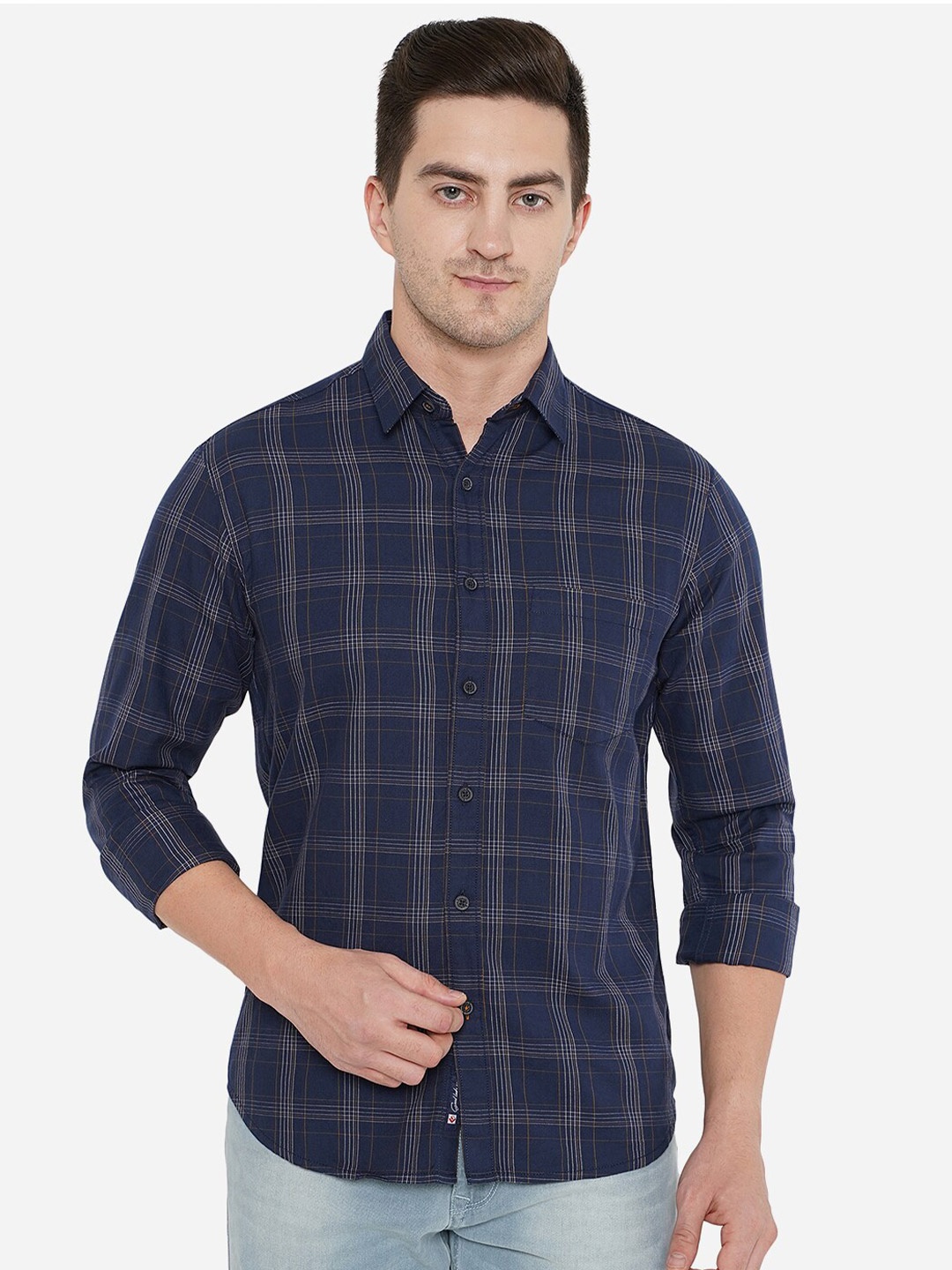 

Greenfibre Men Navy Blue Checked Pure Cotton Casual Shirt