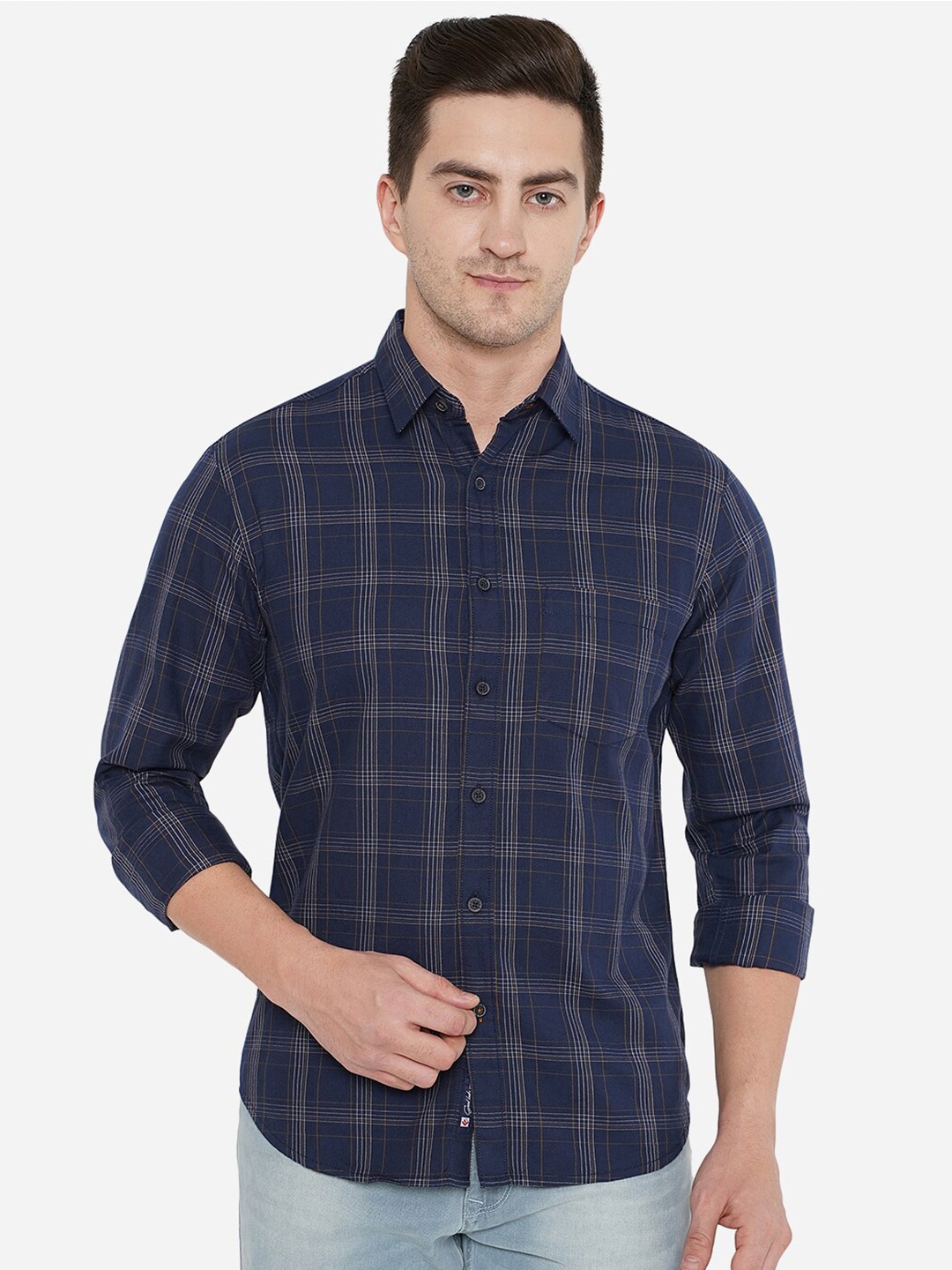 

Greenfibre Men Classic Slim Fit Checked Pure Cotton Casual Shirt, Navy blue