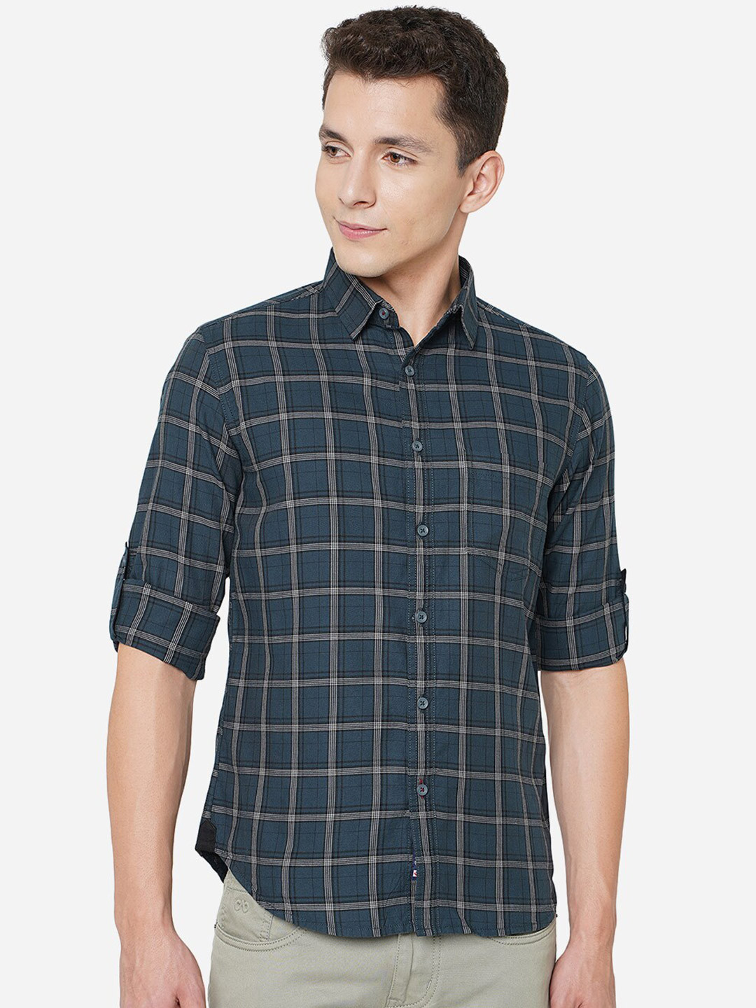 

Greenfibre Men Classic Slim Fit Windowpane Checks Checked Pure Cotton Casual Shirt, Green