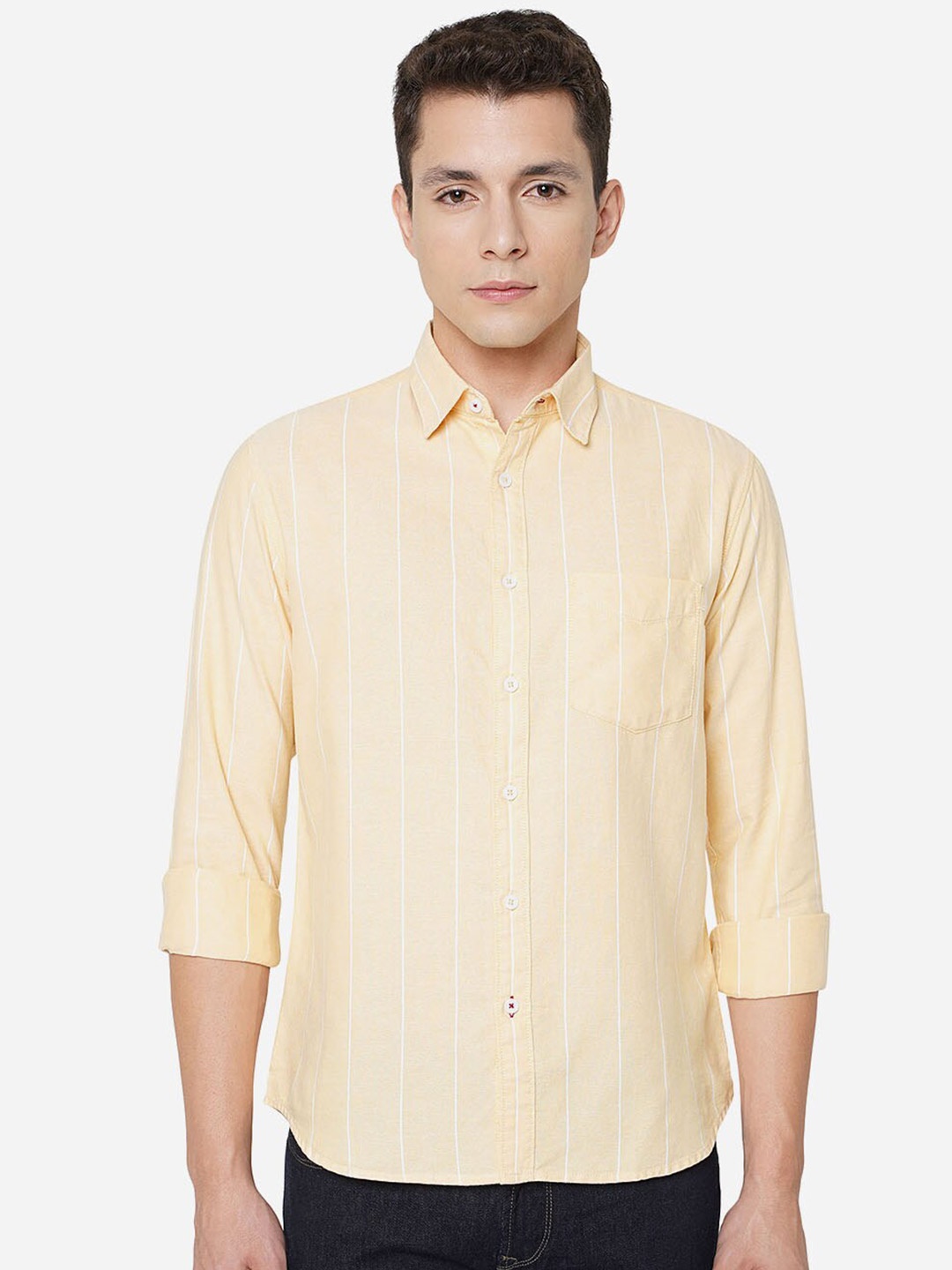 

Greenfibre Men Classic Slim Fit Striped Pure Cotton Casual Shirt, Yellow