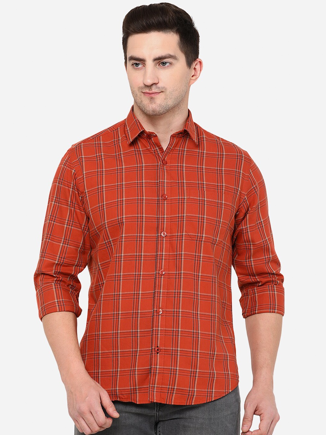 

Greenfibre Men Classic Slim Fit Pure Cotton Tartan Checks Checked Casual Shirt, Red