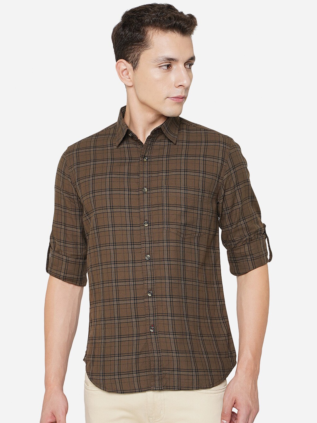 

Greenfibre Men Checked Pure Cotton Casual Shirt, Brown