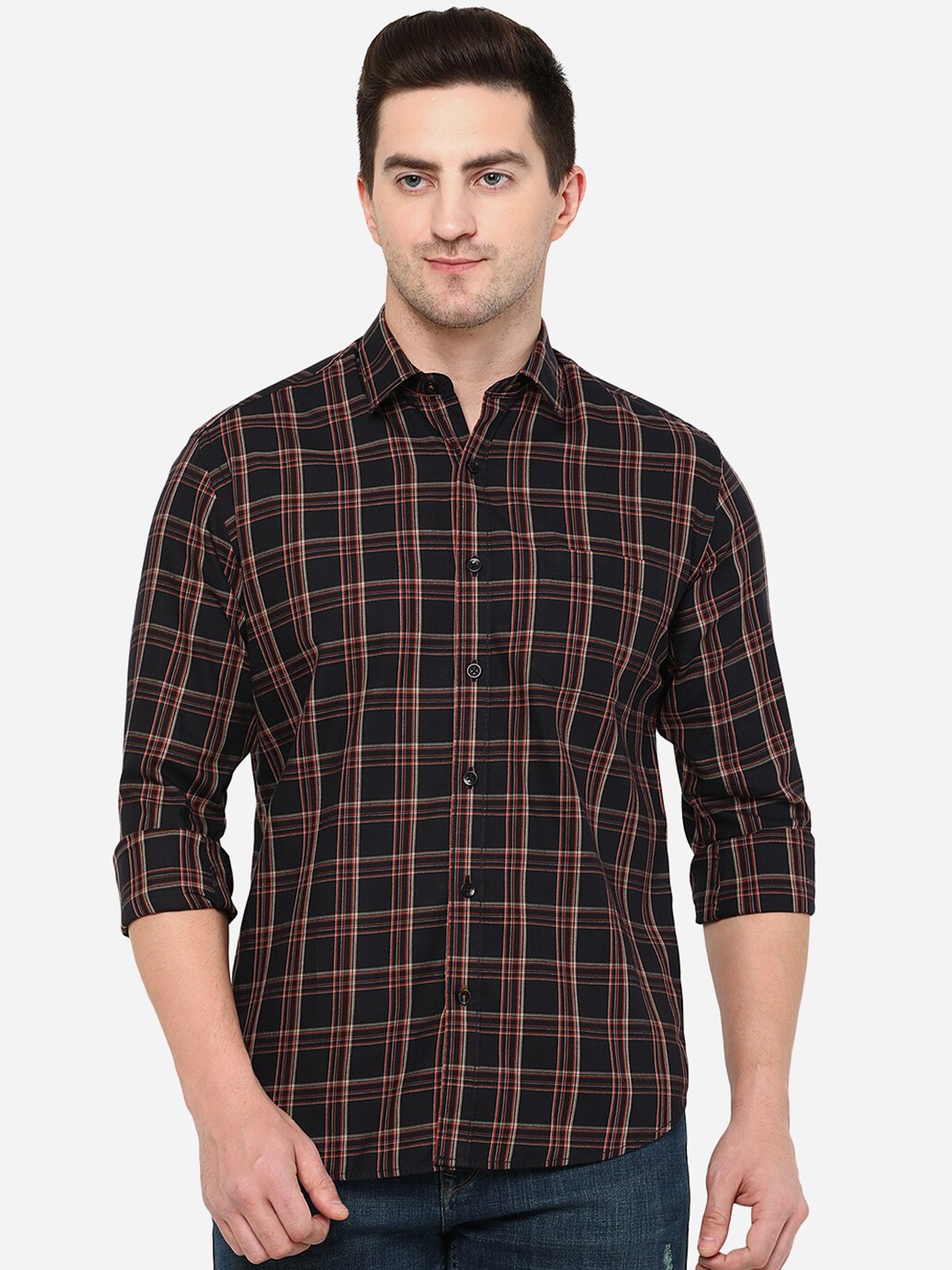 

Greenfibre Men Black & Coral Checked Pure Cotton Casual Shirt