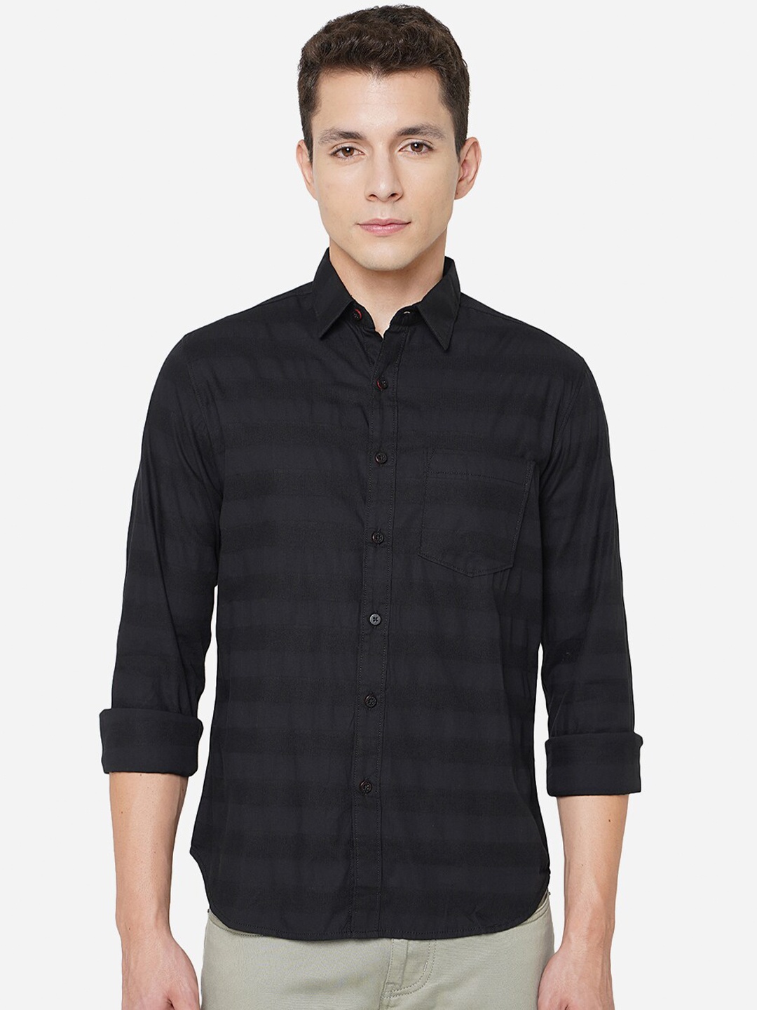 

Greenfibre Men Horizontal Striped Pure Cotton Casual Shirt, Black