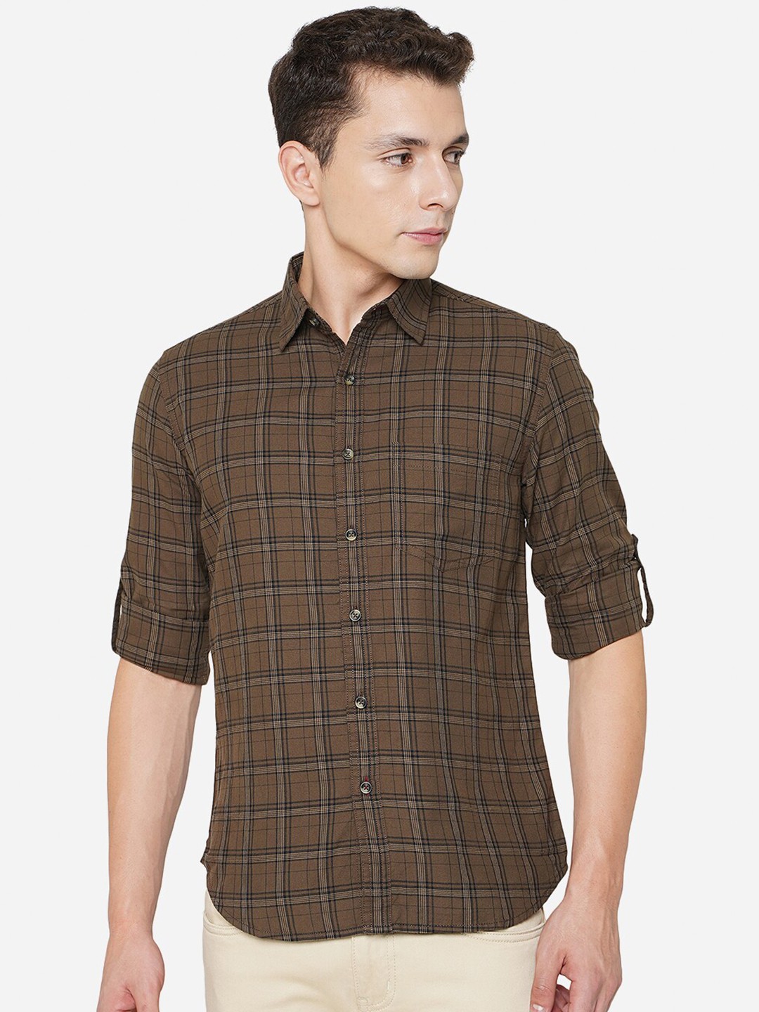 

Greenfibre Men Checked Pure Cotton Casual Shirt, Brown