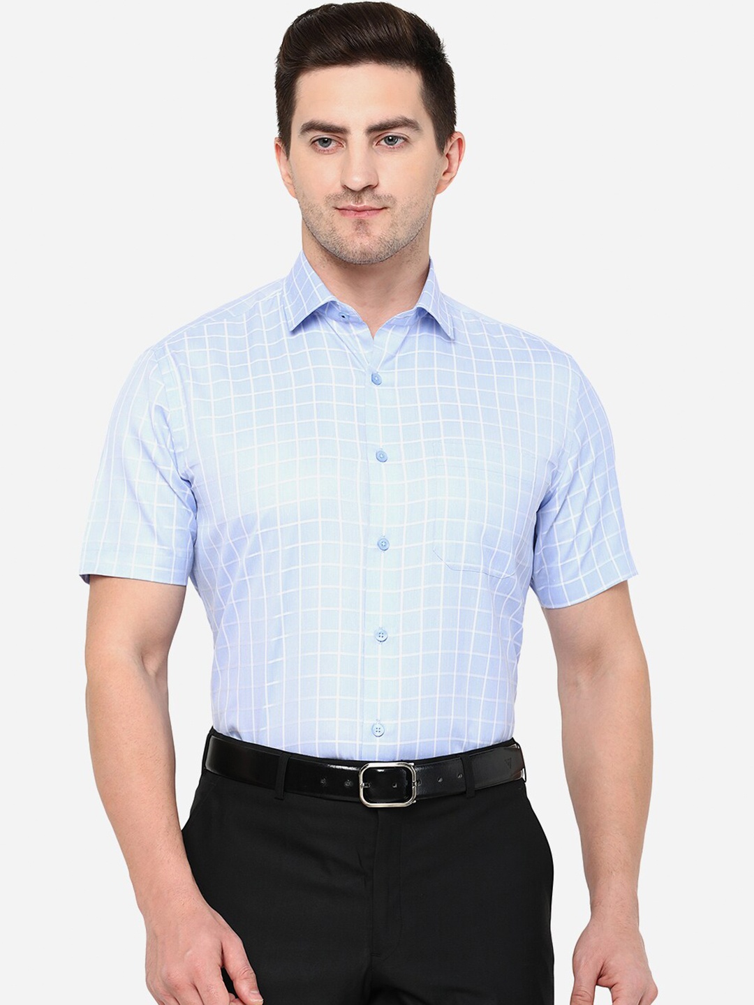 

Greenfibre Men Turquoise Blue & White Checked Slim Fit Formal Shirt