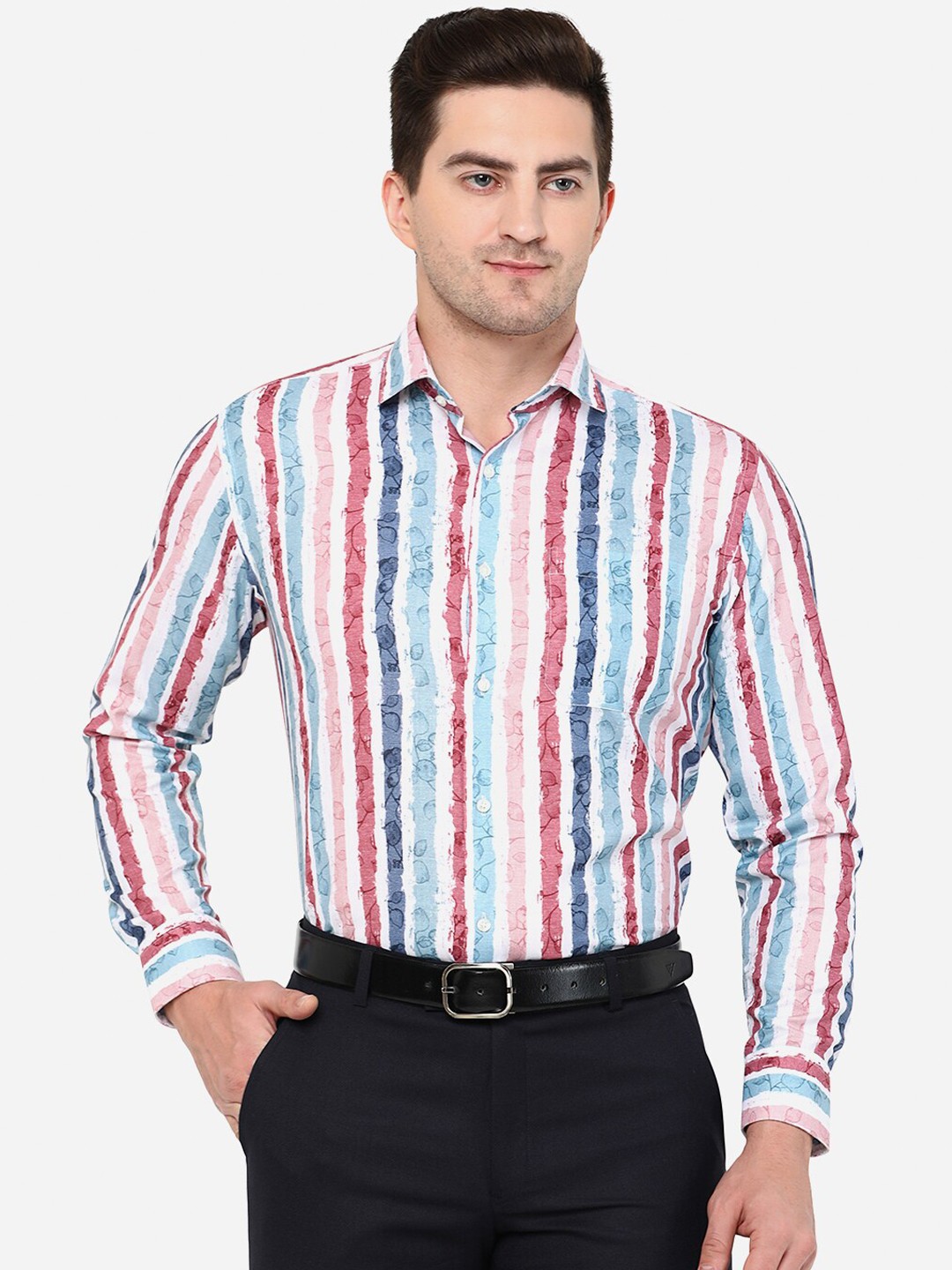

Greenfibre Men White & Blue Vertical Striped Slim Fit Formal Shirt