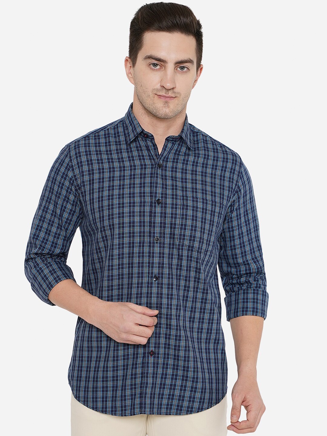 

Greenfibre Men Navy Blue & White Checked Pure Cotton Casual Shirt