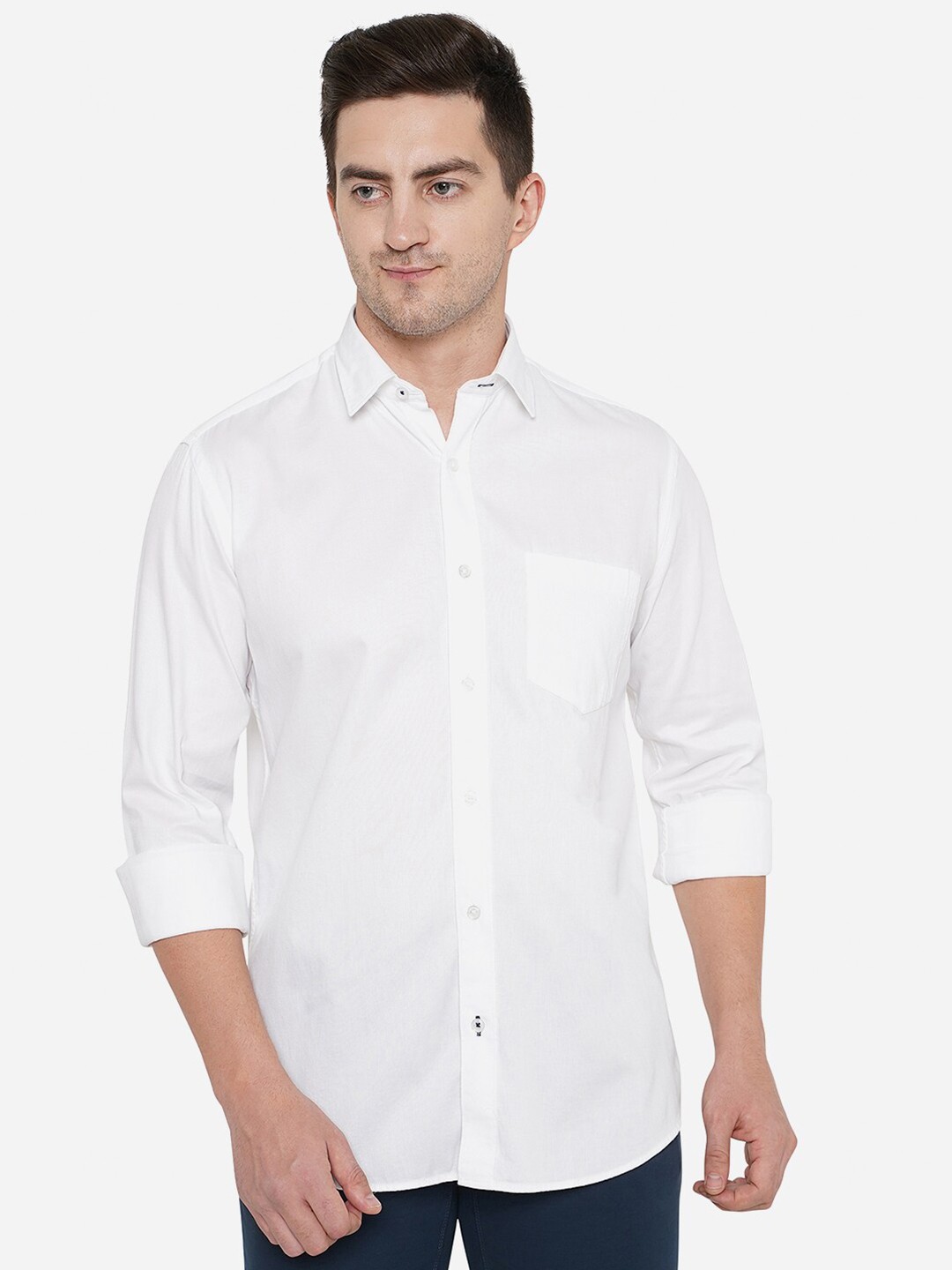 

Greenfibre Men White Solid Pure Cotton Casual Shirt