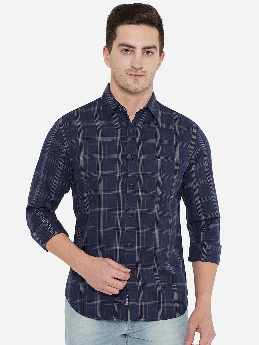 

Greenfibre Men Navy Blue Checked Pure Cotton Casual Shirt