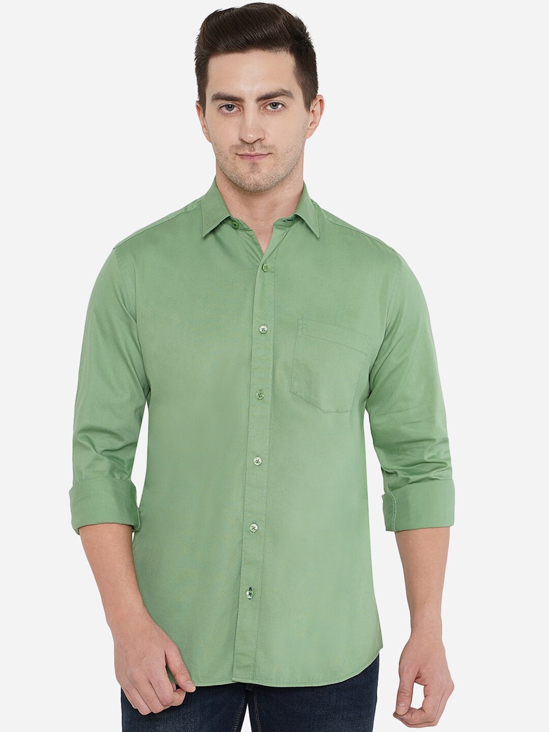 

Greenfibre Men Green Solid Pure Cotton Casual Shirt