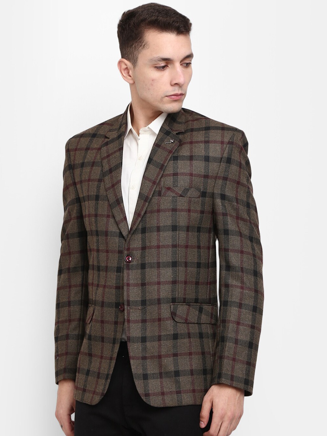 

V-Mart Men Brown & Black Checked Single-Breasted Formal Blazer