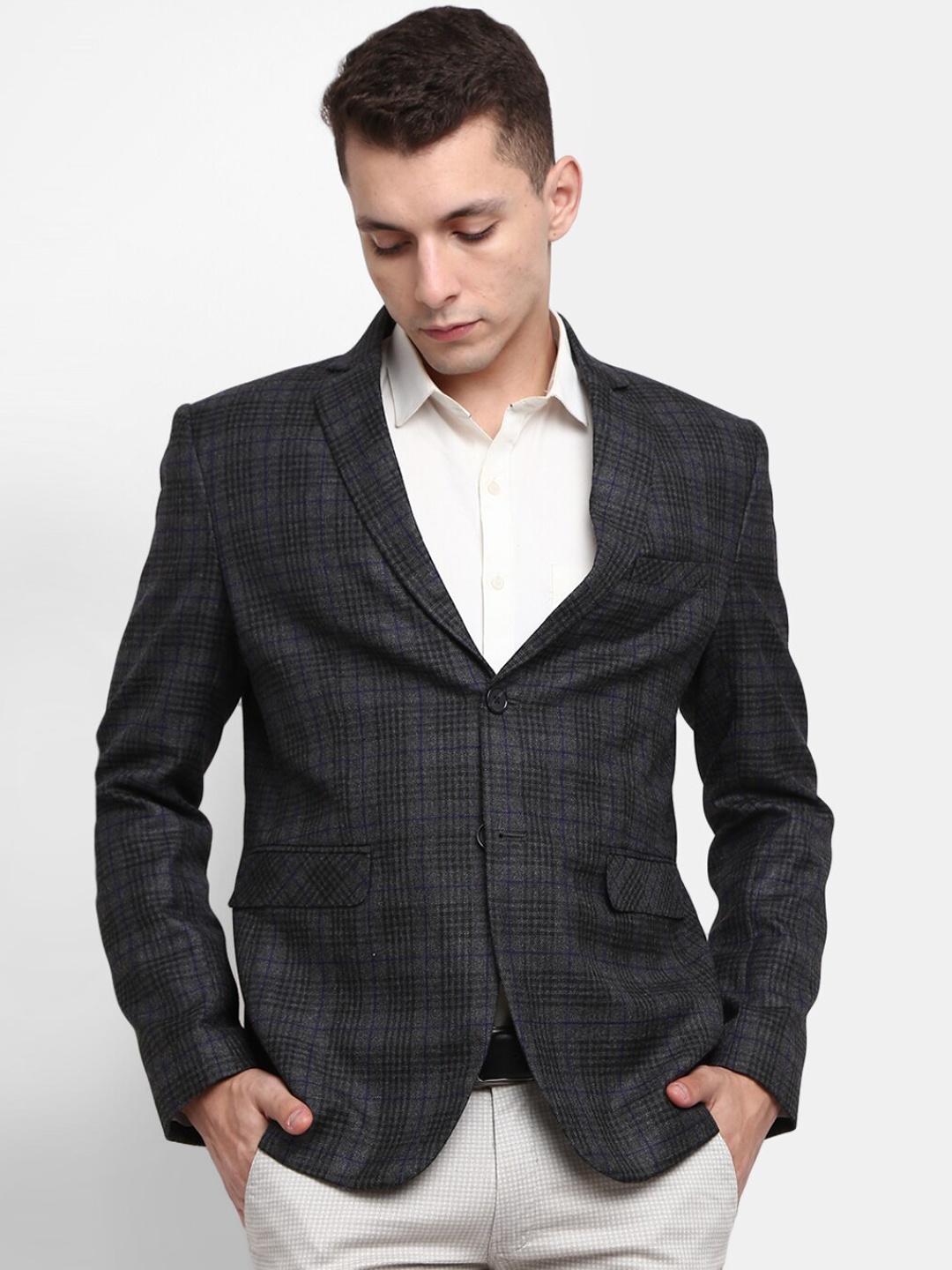 

V-Mart Men Grey & Navy Blue Checked Single-Breasted Casual Blazer