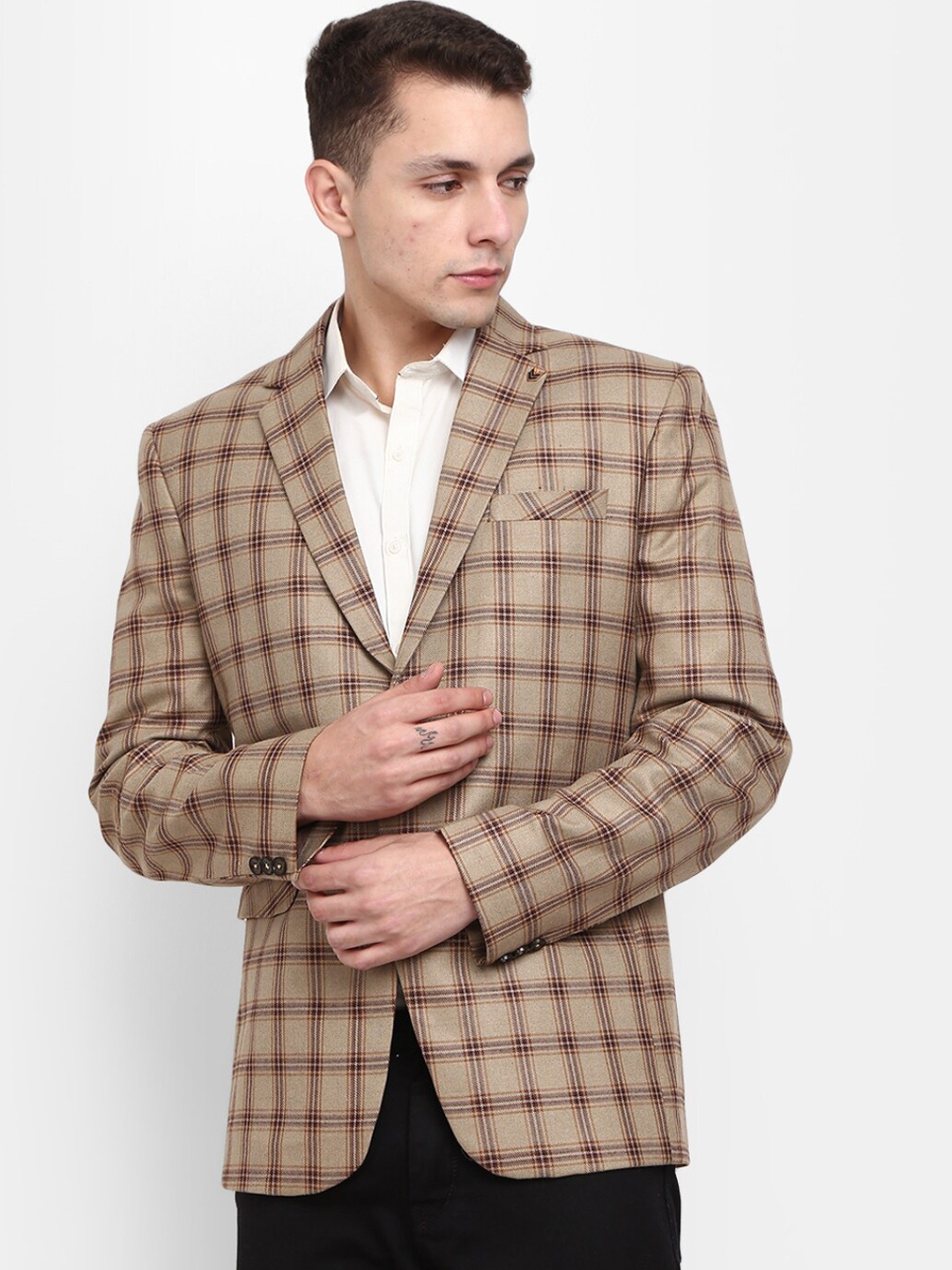 

V-Mart Men Beige Checked Single Breasted Blazer