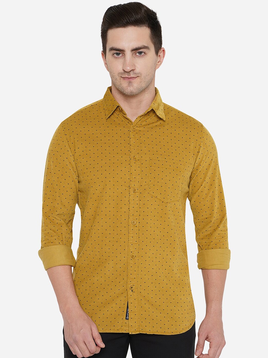 

JADE BLUE Men Classic Slim Fit Printed Cotton Casual Shirt, Mustard