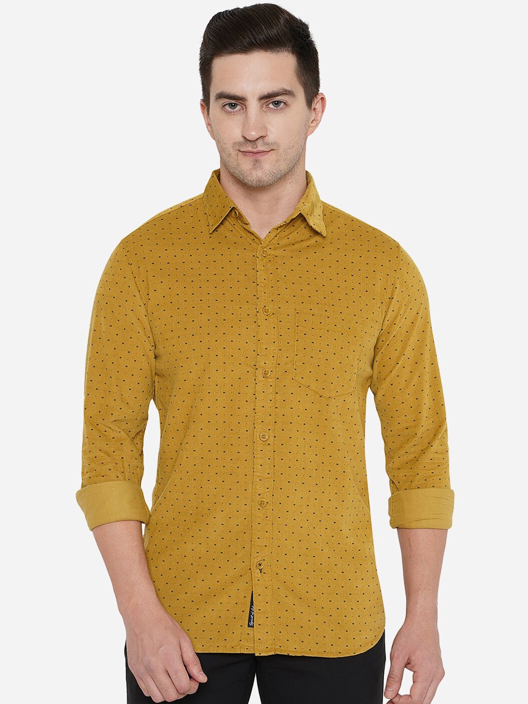 

JADE BLUE Men Classic Slim Fit Printed Cotton Casual Shirt, Mustard