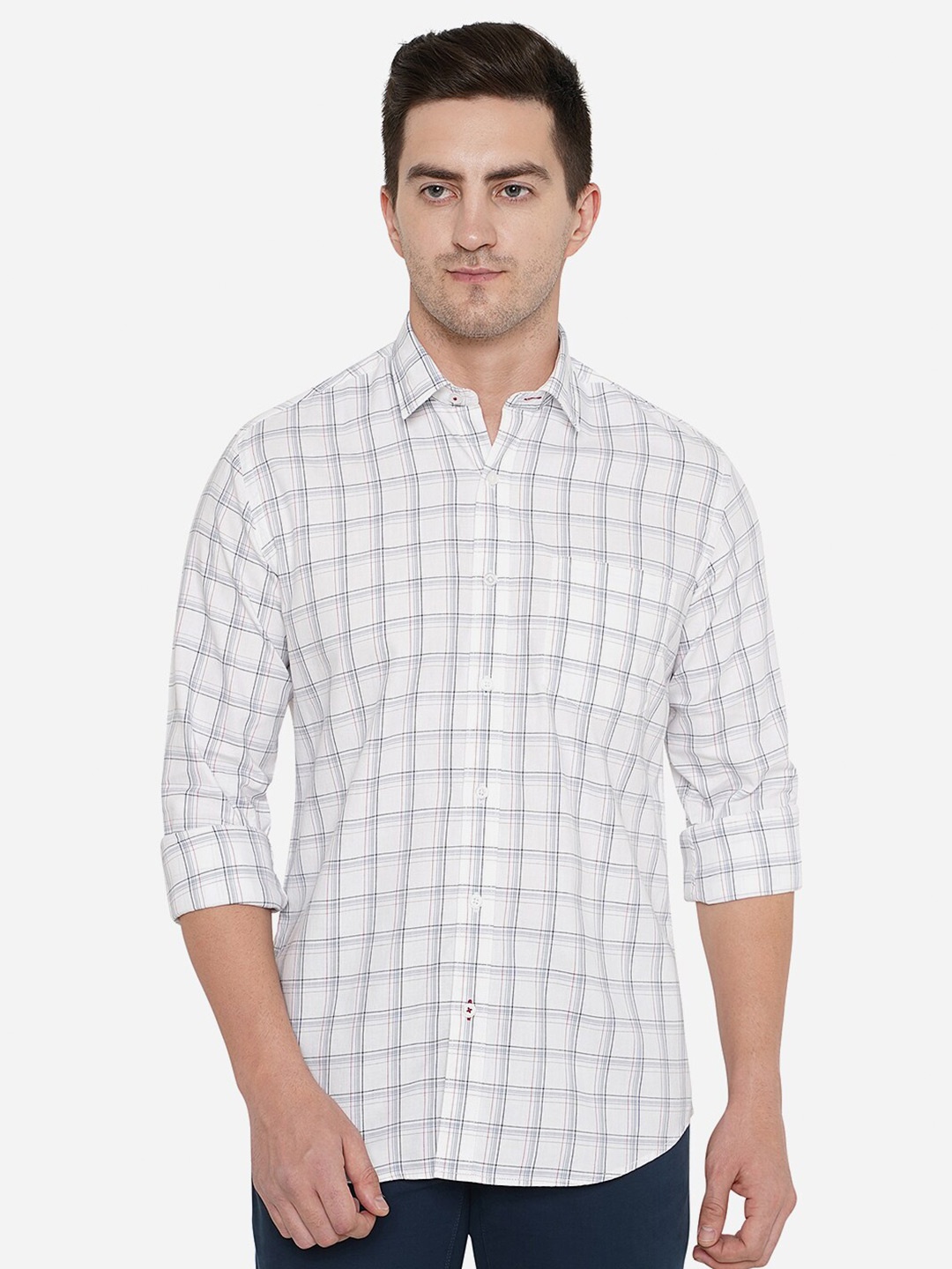 

JADE BLUE Men White Cotton Classic Slim Fit Grid Tattersall Checked Casual Shirt