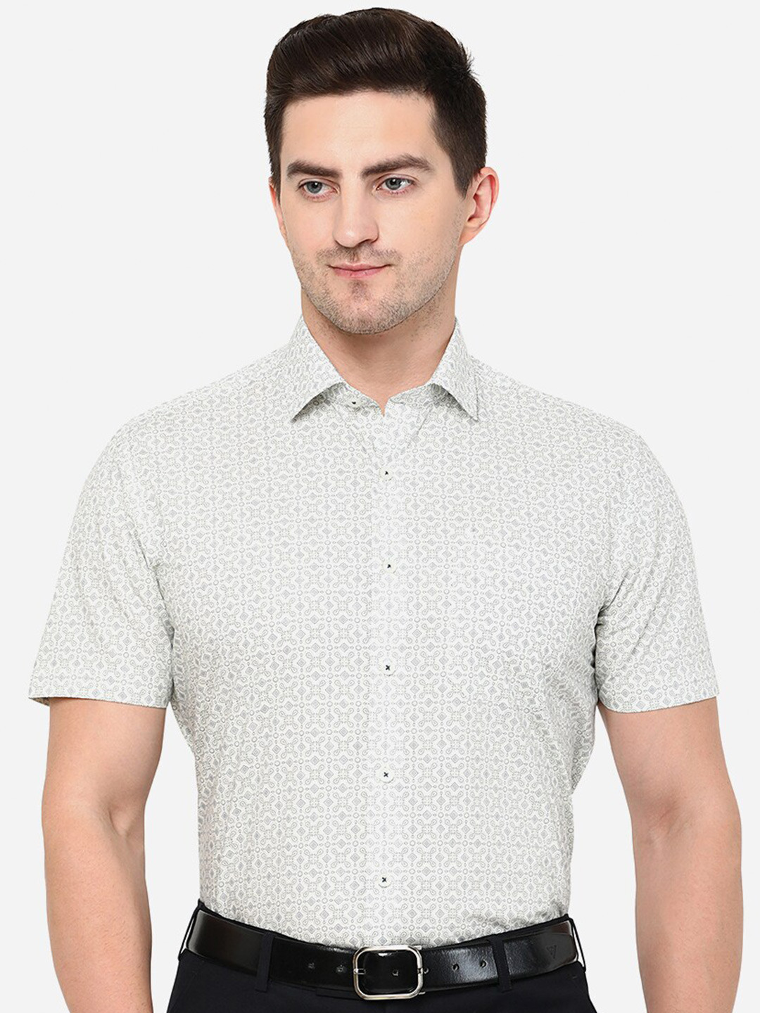 

JADE BLUE Men Classic Slim Fit Floral Printed Cotton Formal Shirt, White