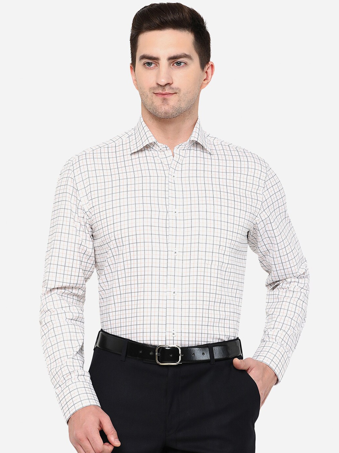 

JADE BLUE Men White Classic Slim Fit Grid Tattersall Checked Cotton Formal Shirt