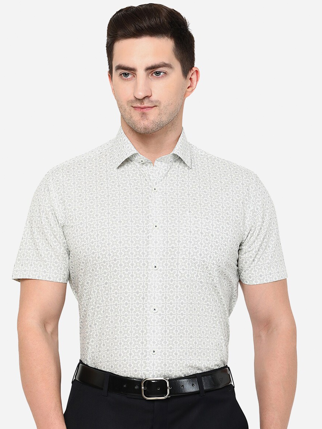 

JADE BLUE Men White Cotton Classic Slim Fit Floral Printed Formal Shirt