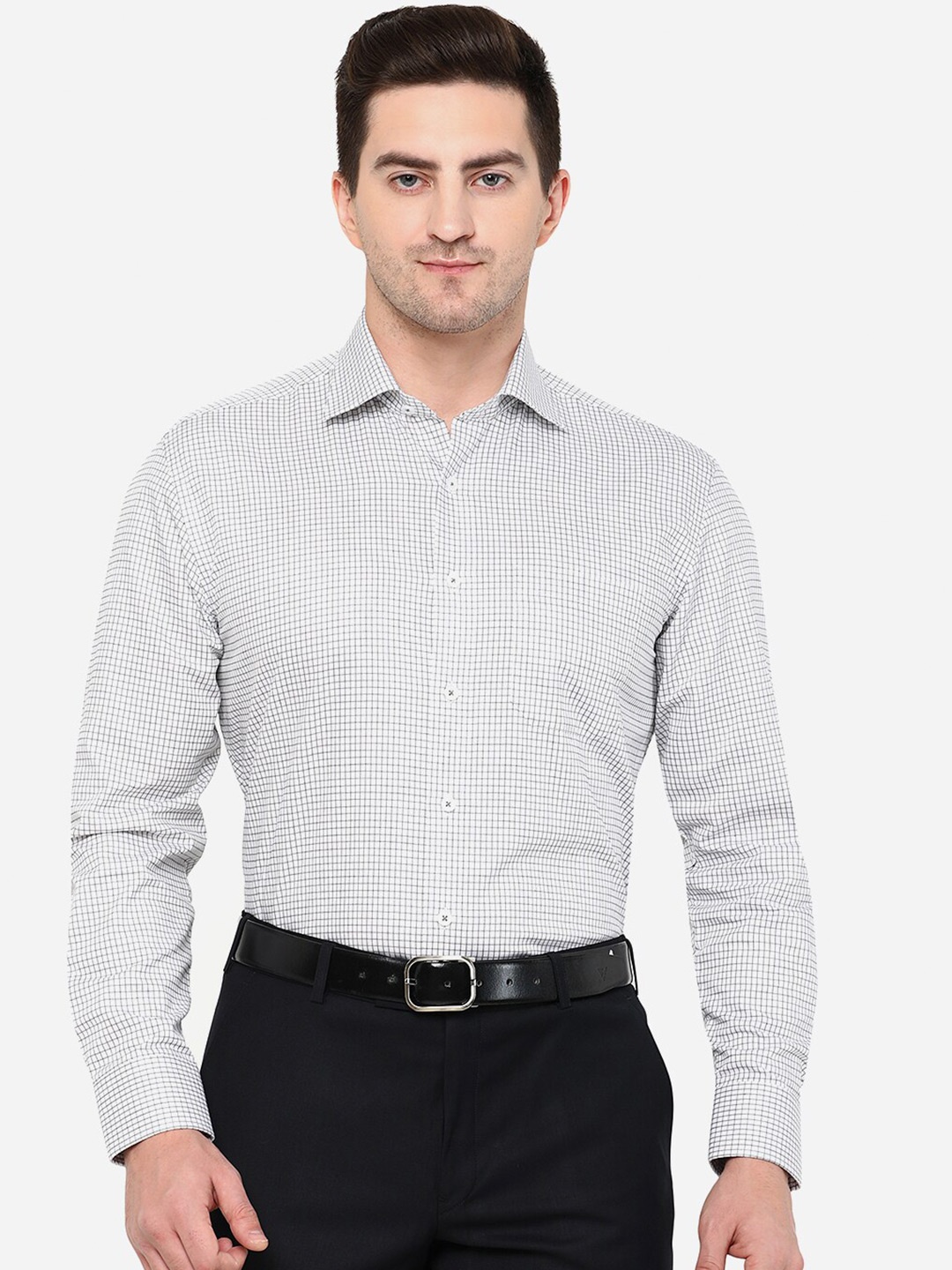 

JADE BLUE Men White Classic Slim Fit Grid Tattersall Checked Cotton Formal Shirt
