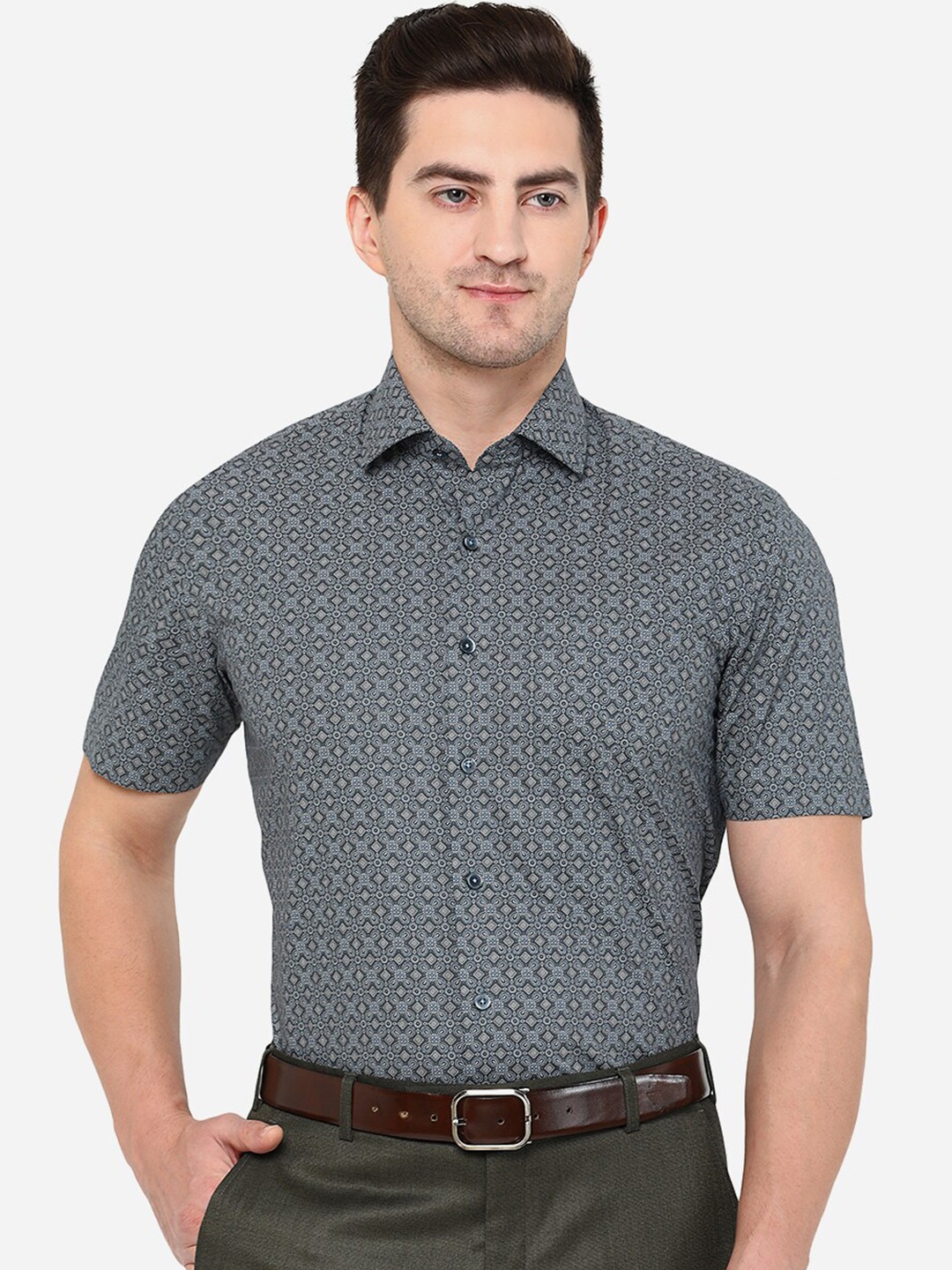 

JADE BLUE Men Classic Slim Fit Floral Printed Cotton Formal Shirt, Grey