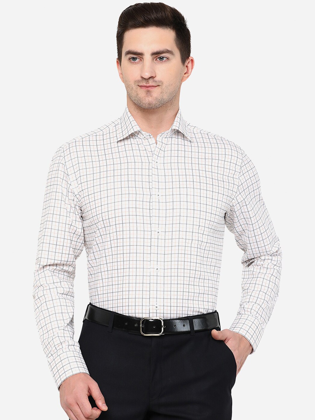 

JADE BLUE Men White Classic Slim Fit Grid Tattersall Checked Cotton Formal Shirt
