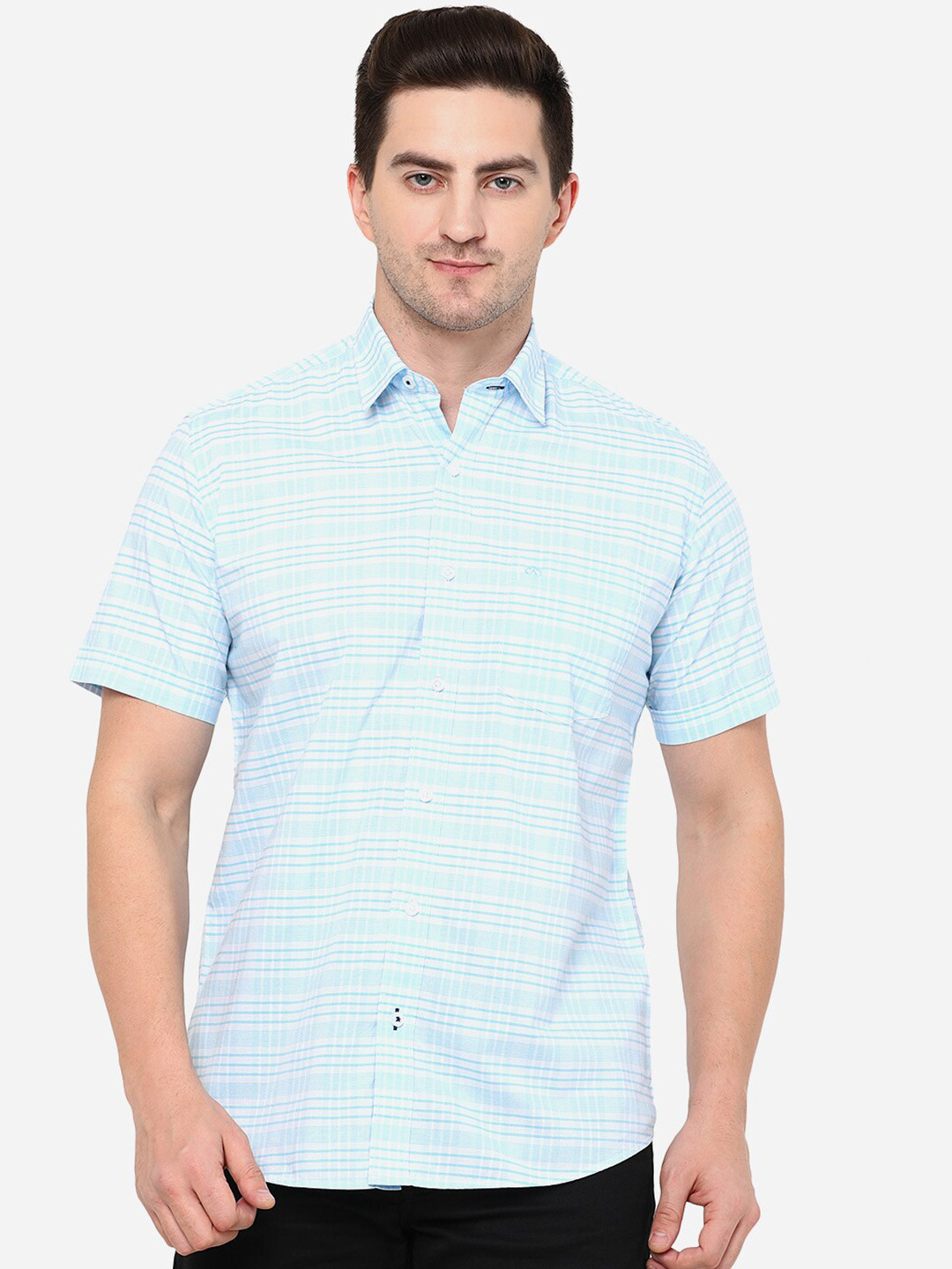 

JADE BLUE Men Blue Classic Slim Fit Horizontal Stripes Checked Cotton Casual Shirt