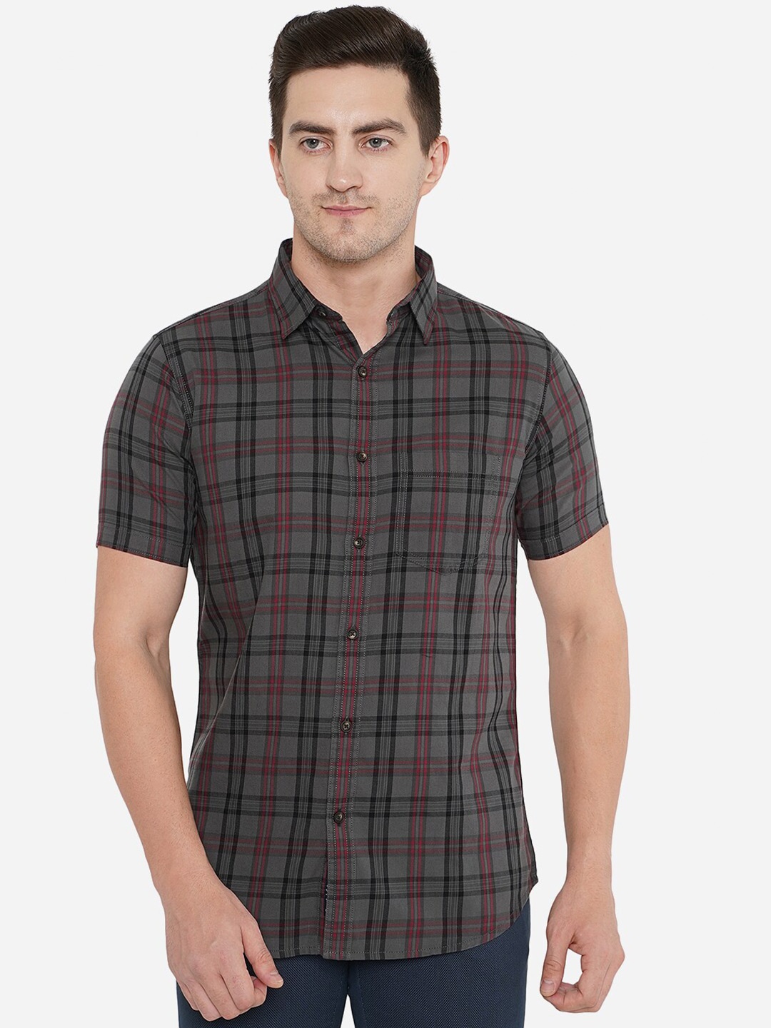 

JADE BLUE Men Grey Classic Slim Fit Tartan Checked Cotton Casual Shirt