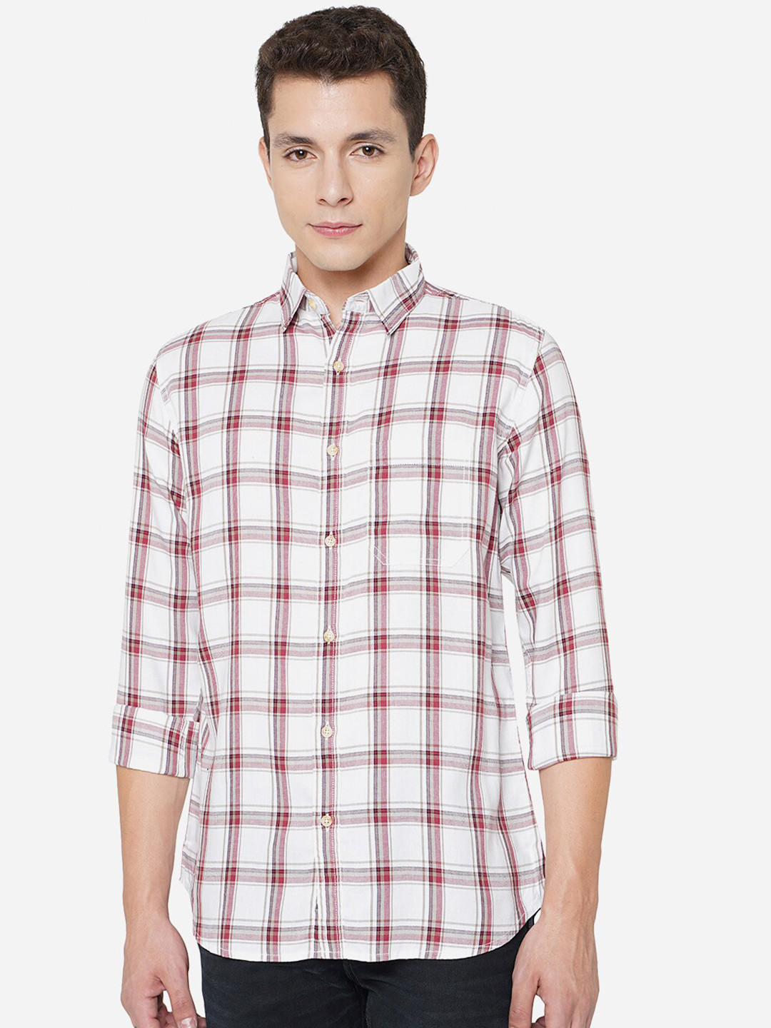 

JADE BLUE Men White Classic Slim Fit Checked Cotton Casual Shirt