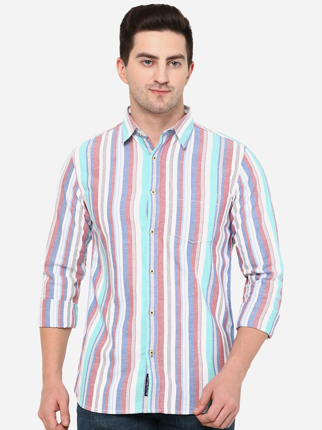 

JADE BLUE Men White Classic Slim Fit Striped Cotton Casual Shirt