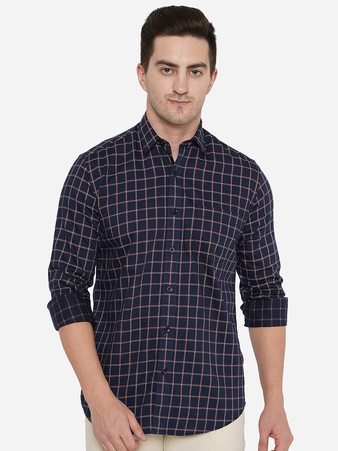 

JADE BLUE Men Navy Blue Classic Slim Fit Checked Cotton Casual Shirt