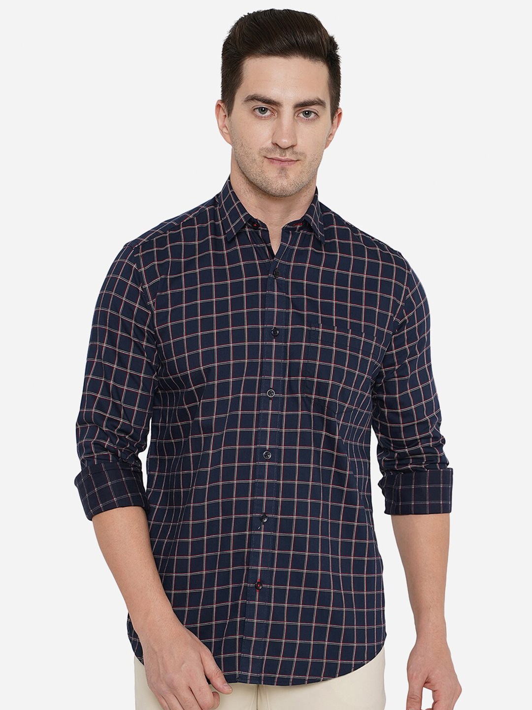

JADE BLUE Men Blue Classic Slim Fit Checked Cotton Casual Shirt
